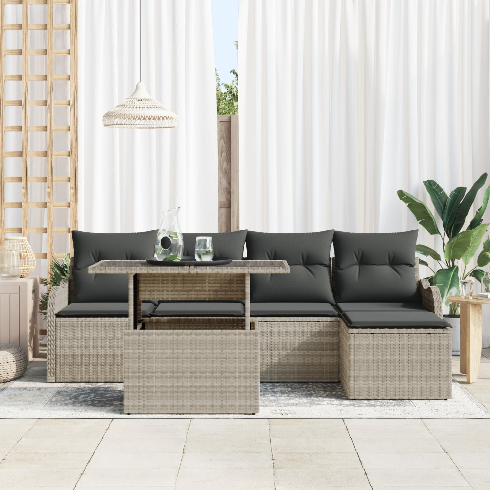 Juego de 6 sofás de jardín con cojines, color gris claro, de poliratán, para exteriores, conjunto de muebles de jardín