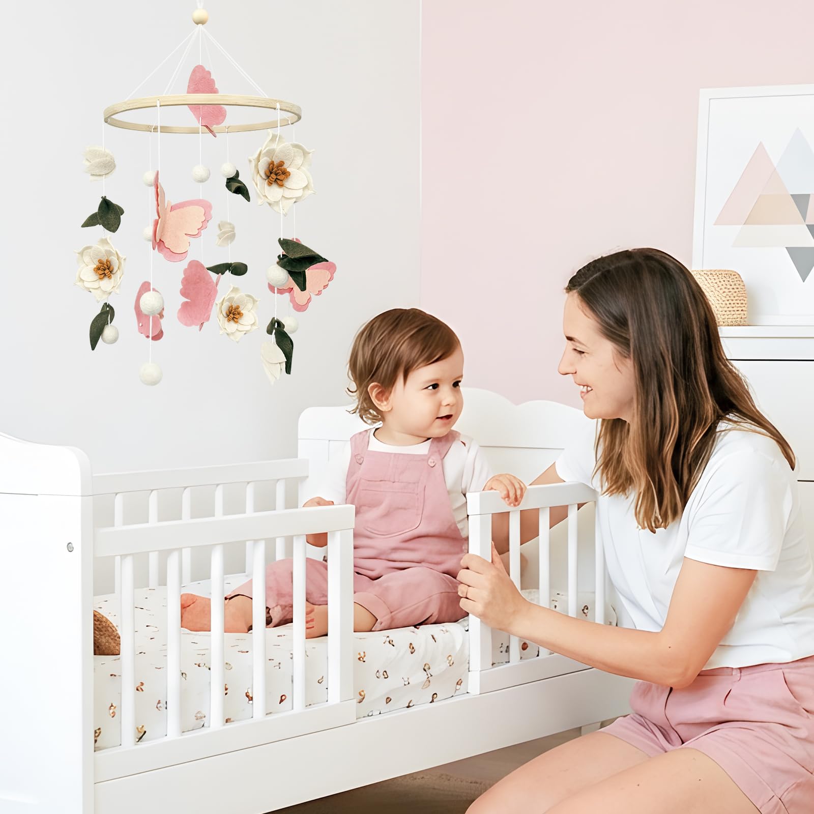 Móvil de bebé para cuna, flores y mariposas, móvil de cuna para niñas y niños, hecho a mano, decoración floral para habitación de bebé, decoración bohemia para habitación de bebé, regalo