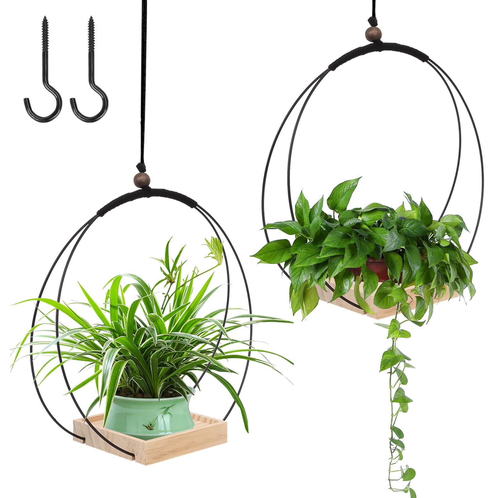 Les-Theresa 2Pcs Hanging Plant Pots Indoor Ceiling Hanging Plant Holder with Wood Base, Plant Hanger Window with 2 Hooks Plant Pot Hangers, Hanging Basket Indoor Outdoor Home Decor (Black&wooden)