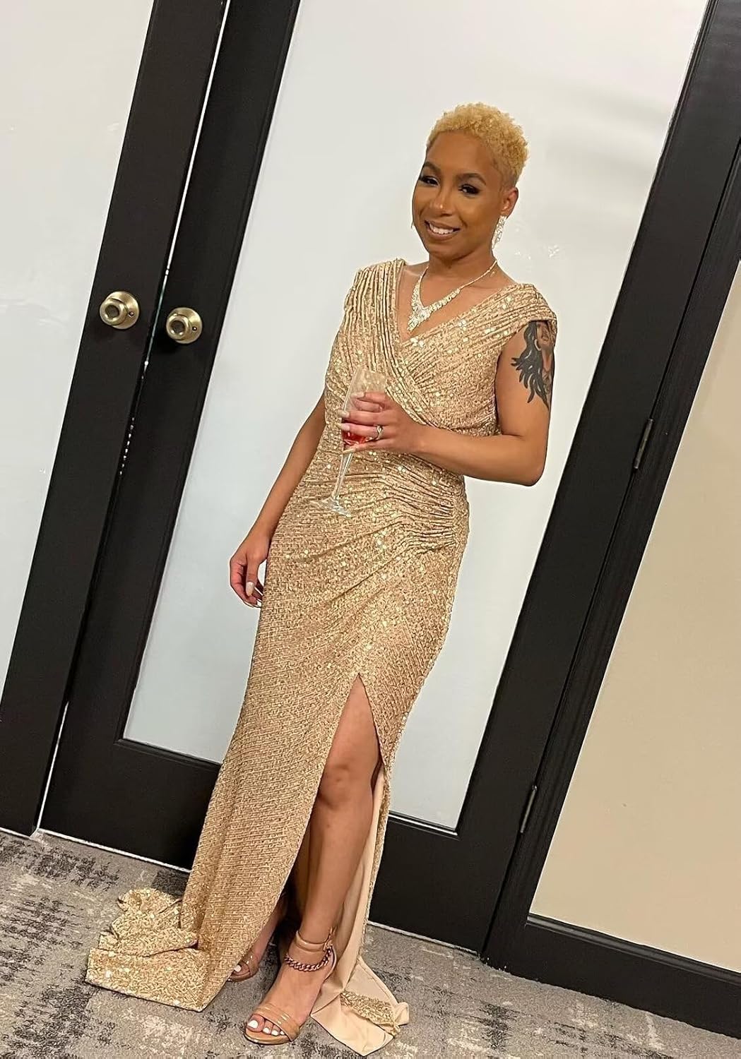 Sequin Long Prom Dresses for Women 2025 Mermaid Sparkly Ruched Formal Evening Gown with Slit - Image 6