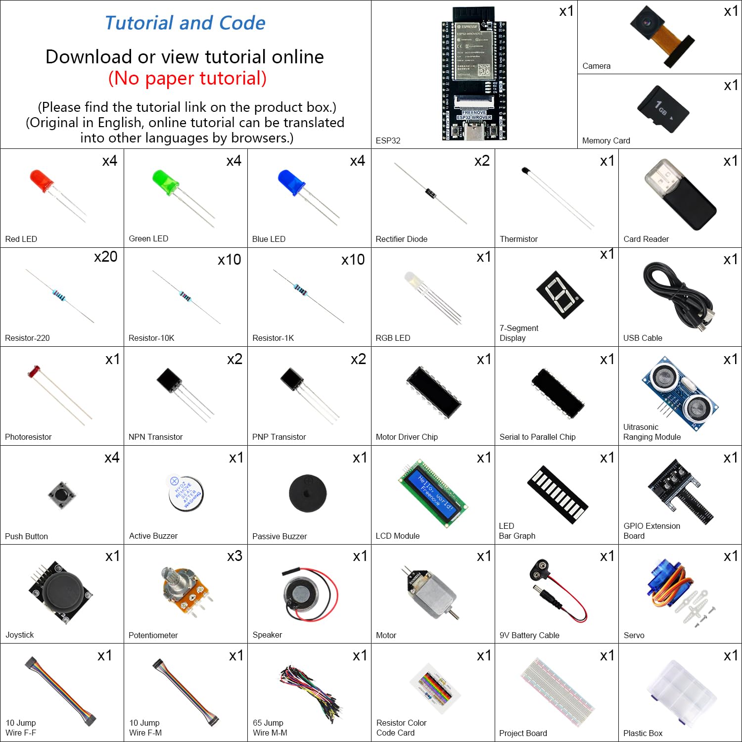 Freenove ESP32 Kit Dev CAM Board Super Starter Kit, Microcontrôleur Double Noyau 32 Bits 240 MHz, Caméra WiFi BT, Tutorial 522 Pages, Python C, 78 Projets