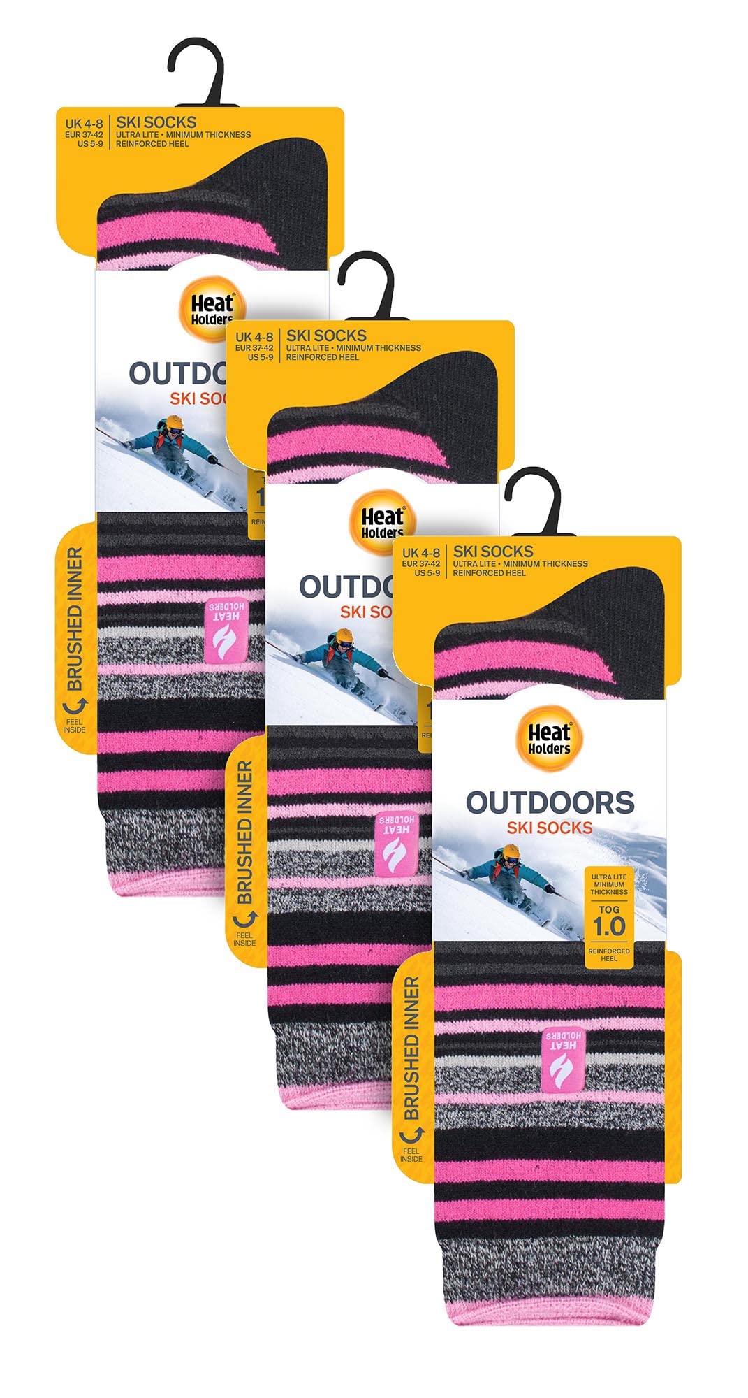 HEAT HOLDERS 3 Pair Multipack Womens Knee High Ultra Lightweight Thin Ski Socks (5-9, Black Stripe)