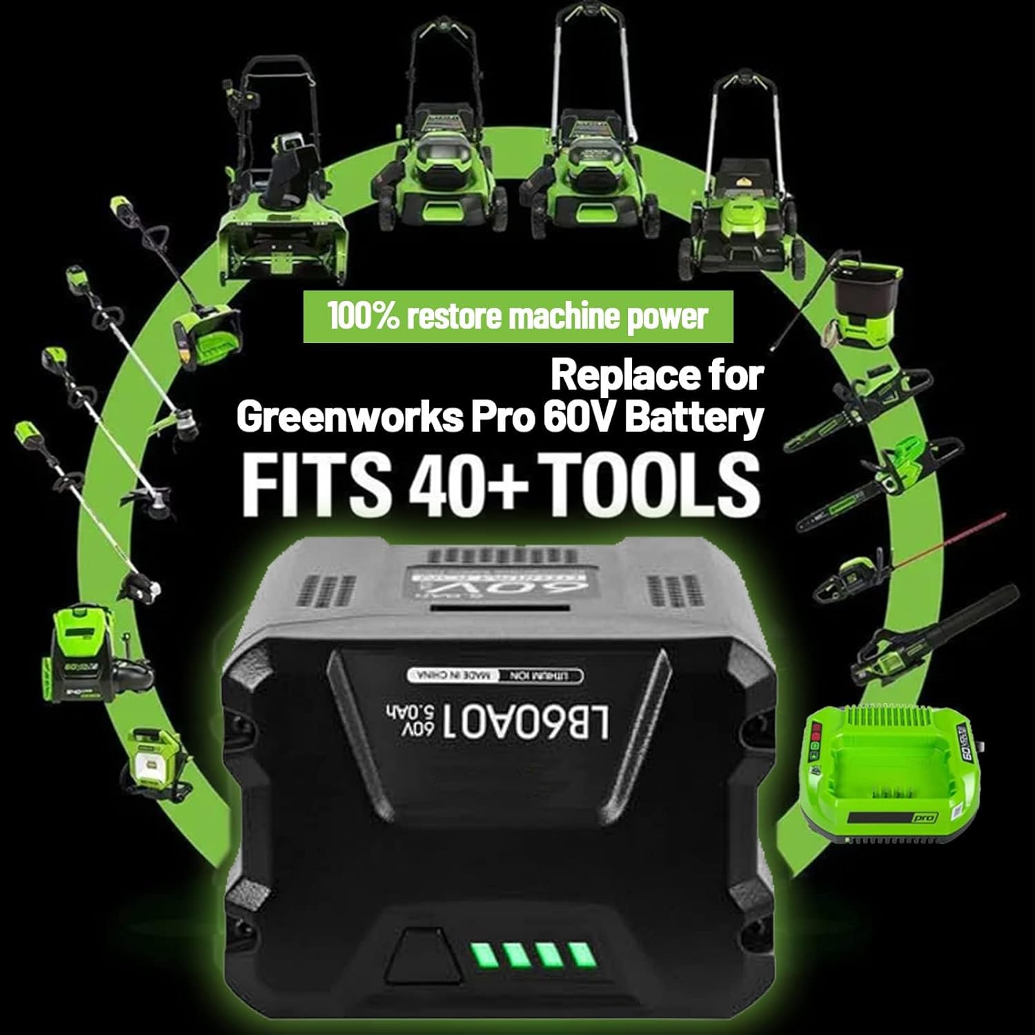 60V 5.0Ah Replacement for Greenworks Pro 60v Battery LB6051 LB604 LB602 B6025 LB6041 LB6042 LB6080 LLB608-NS, Compatible with Greenworks 60 Volt Power Tools & Charger 60DPC10A CH60R00 CH60DP01 2936902 - Image 6