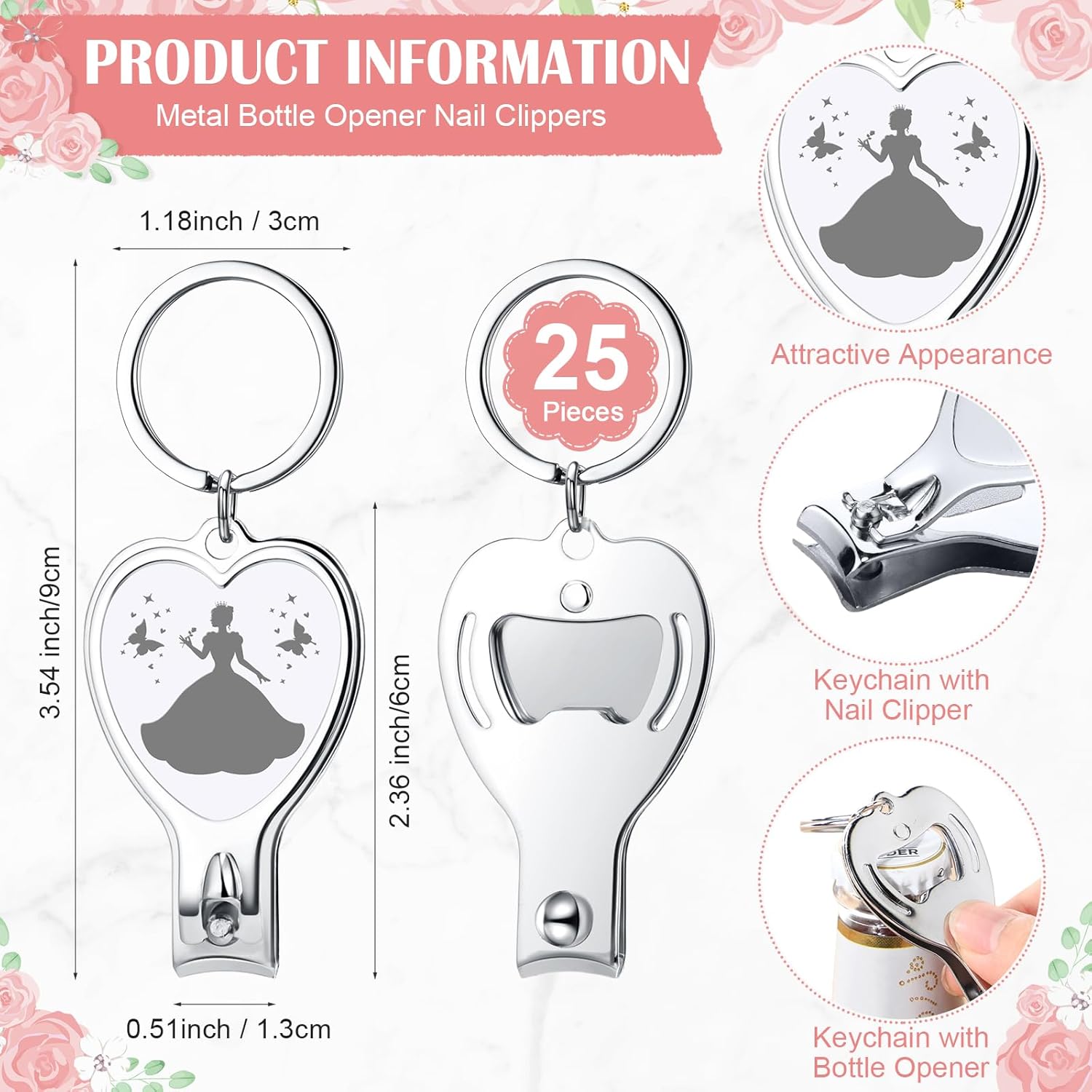 Pickmesh 25 Sets Quinceanera Party Favors for Guests 25 Multi Function Bottle Opener Nail Clipper 25 Thank You Cards Small Quinceanera Gift Cards 25 Organza Bags for Guests Girls Party Favors - Image 2