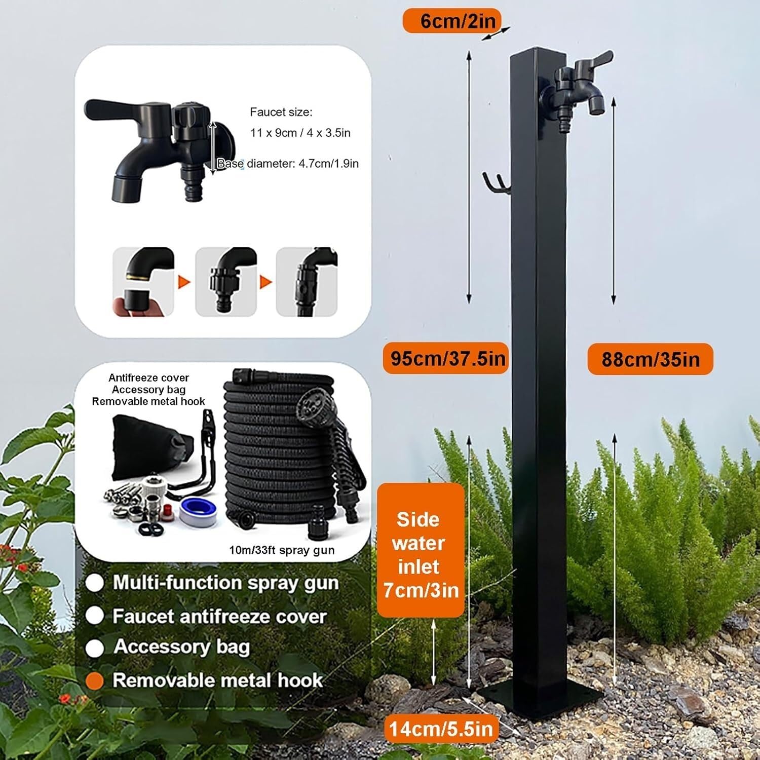 Kanduo columna de agua para jardin vertical Soporte independiente for manguera de jardín con grifo doble - Columna agua for exteriores acero inoxidable a prueba heladas