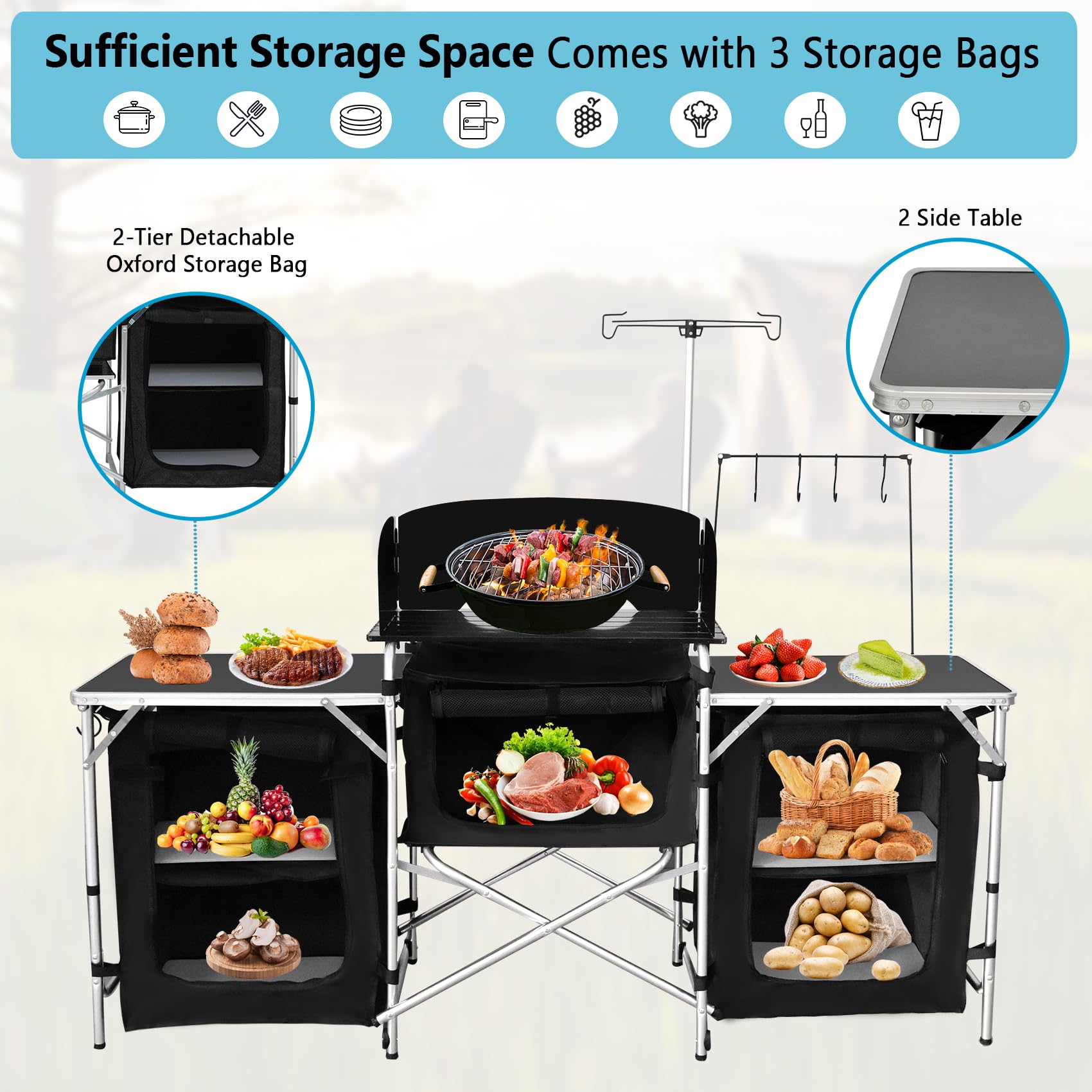 Seeutek Camping Kitchen Table Aluminum Portable Outdoor Cooking Table Foldable Camp Table with Hooks, Windscreen, Lantren Hanger & 3 Storage Organizer Quick Set-up for Picnic, Party