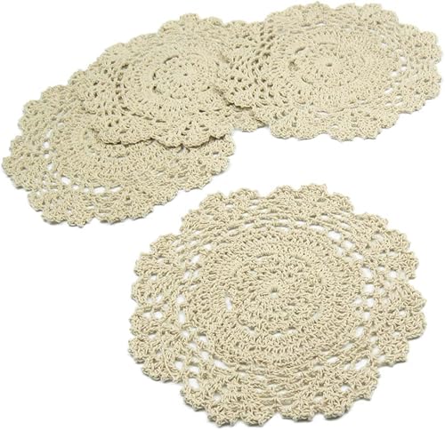 kilofly Juego de manteles individuales de encaje de algodón de ganchillo, 4 unidades, beige, floral, 7 pulgadas