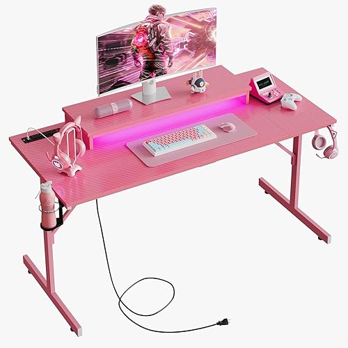 Miniatura 54 de Bestier Escritorio para juegos de 42 pulgadas con luces LED, mesa de juegos para computadora pequeña con estante para monitor, escritorio para Fibra