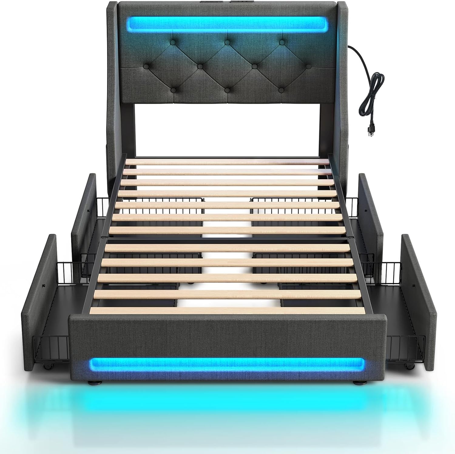 Rolanstar Bed Frame Twin Size with Charging Station and LED Lights