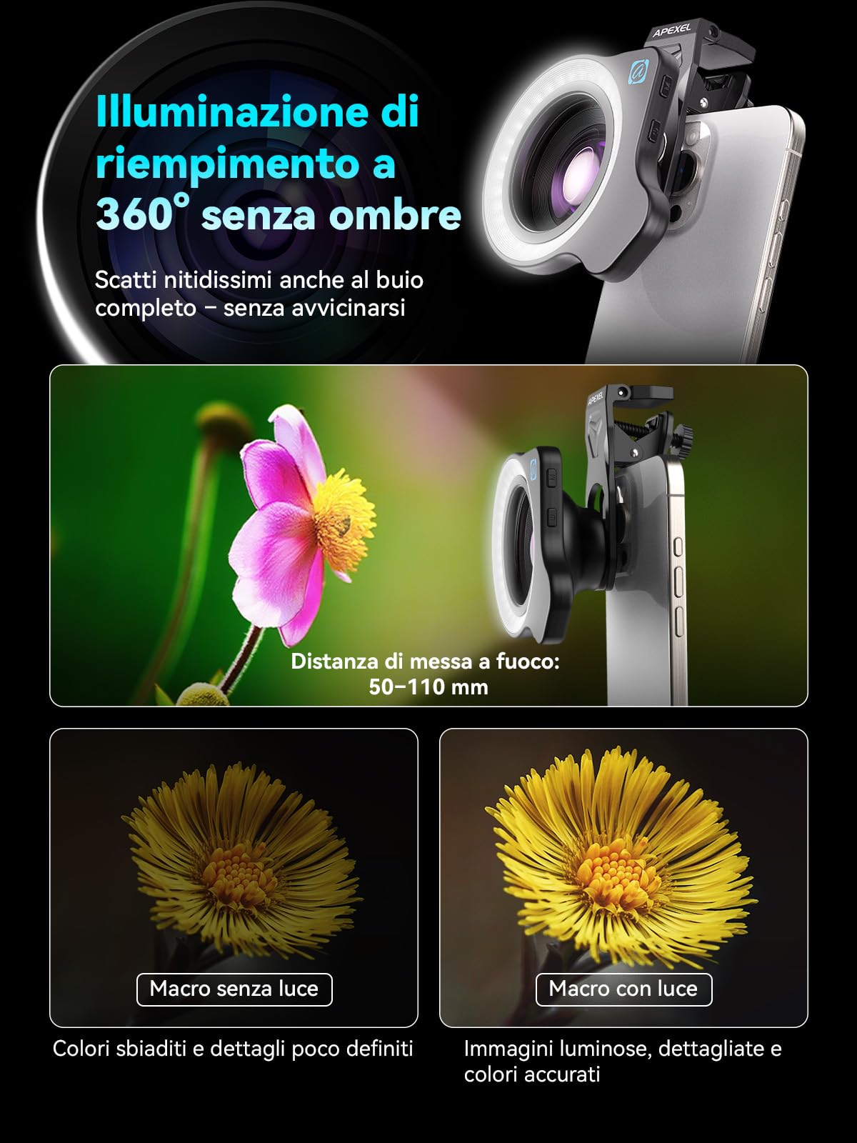 APEXEL 100Ultra Macro Obiettivo con Luce ad Anello, Versione Migliorata dell'Obiettivo per iPhone Samsung, Pixel