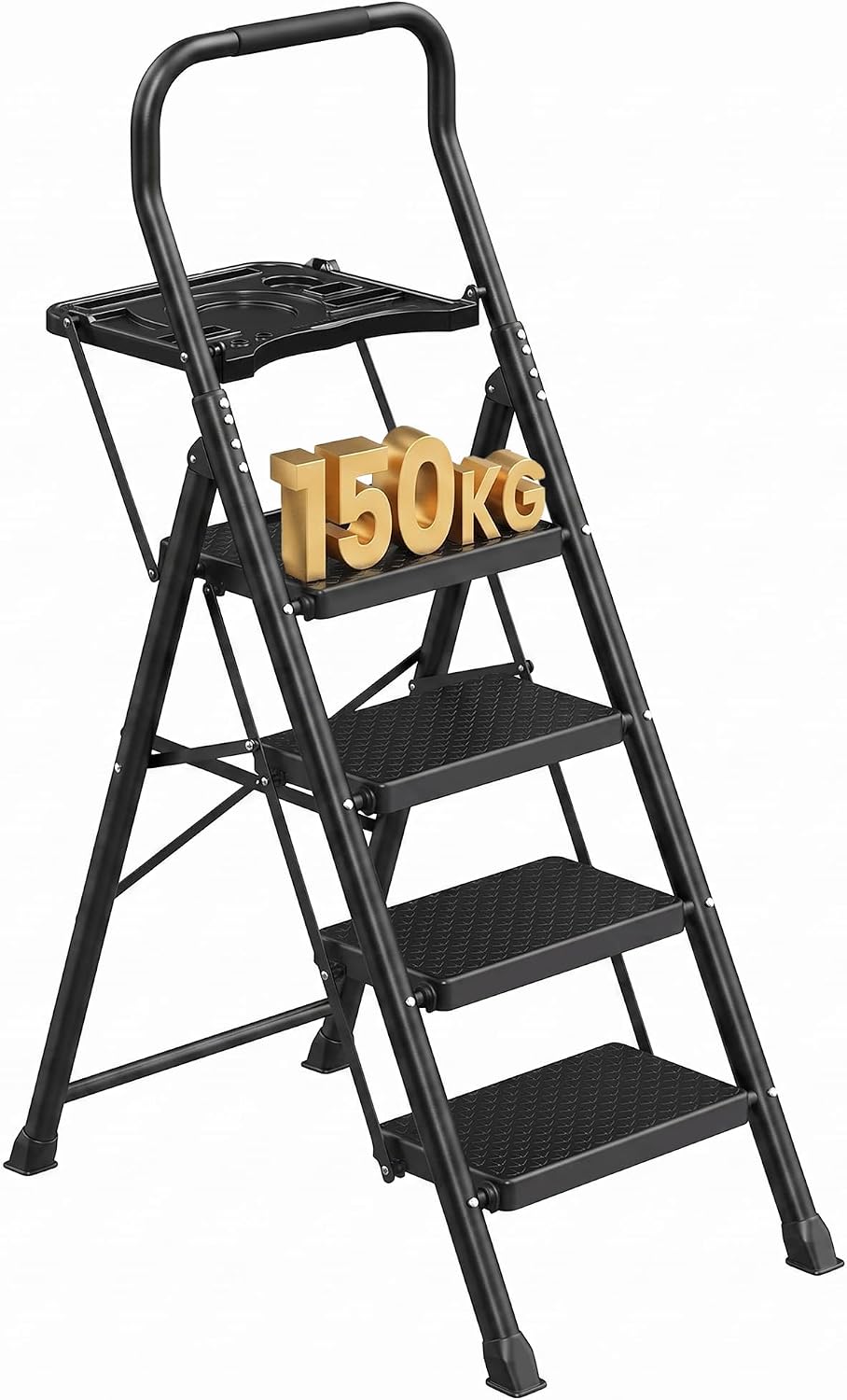 Black SONGMICS four-step folding steel step ladder with tool tray and anti-slip steps