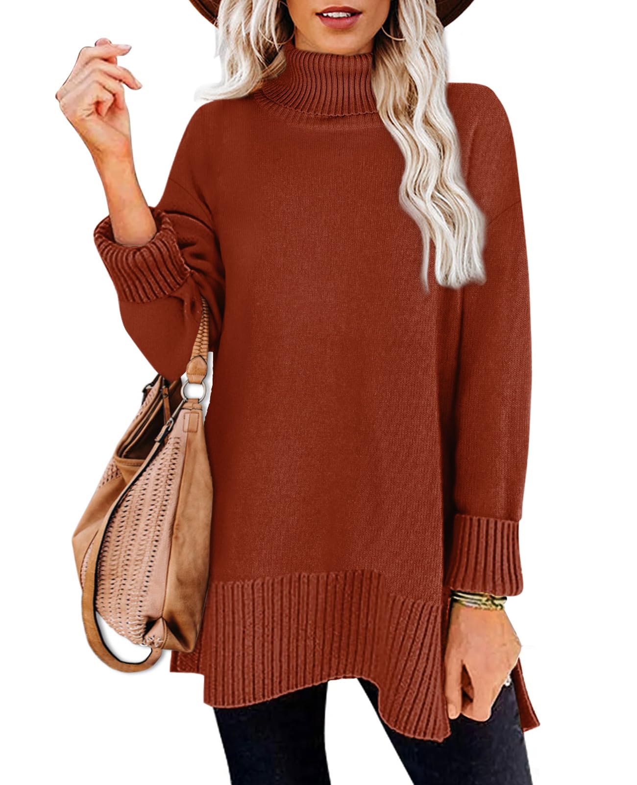 Glanzition Sweaters for Women Turtleneck Side Split Oversized Pullover Tops