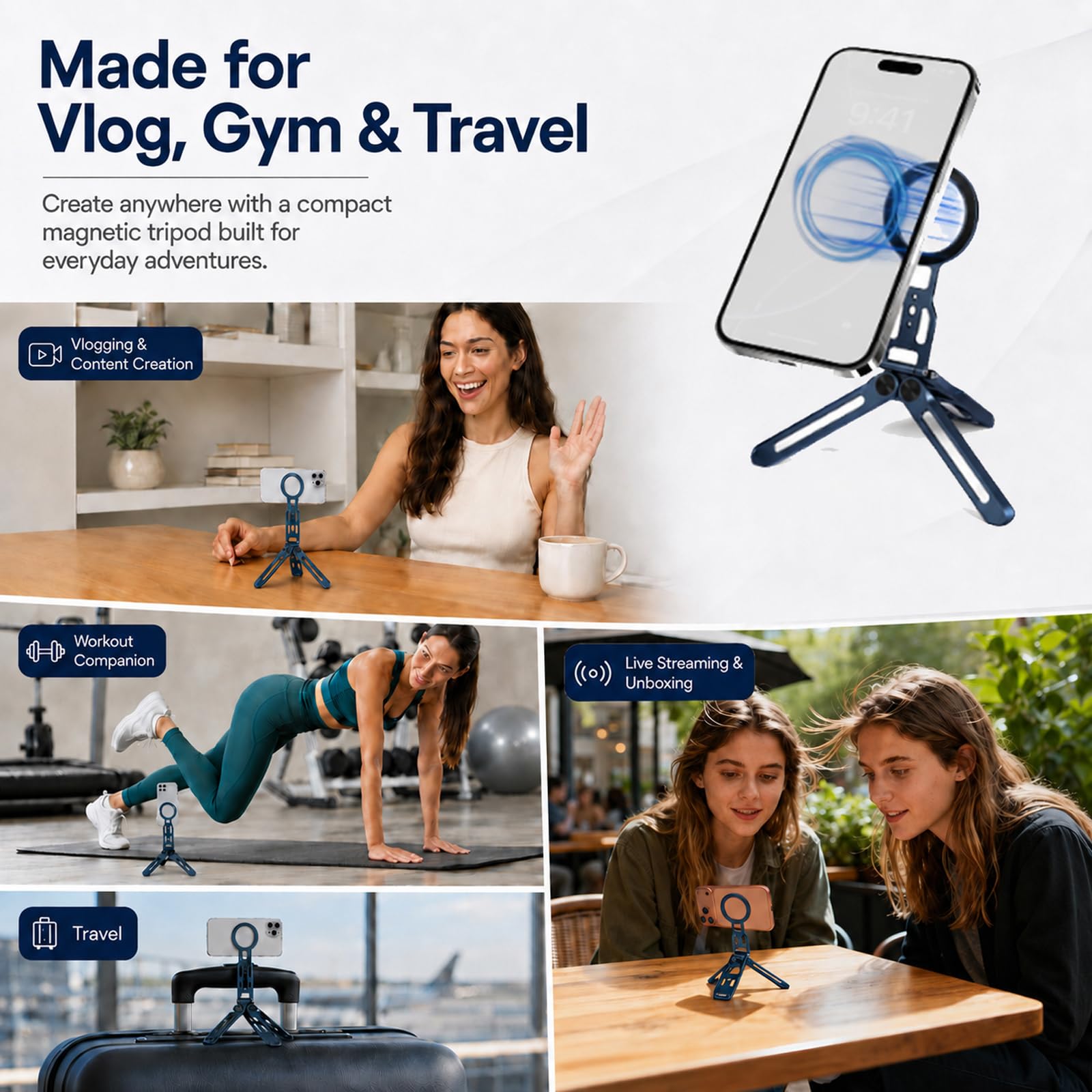 Supporto Magnetico per Smartphone con Gancio Nascosto, Pieghevole/in Alluminio Treppiede Smartphone, Treppiede Magnetico per telefono, Compatibile con iPhone 17-12 e attacco Arca-Swiss