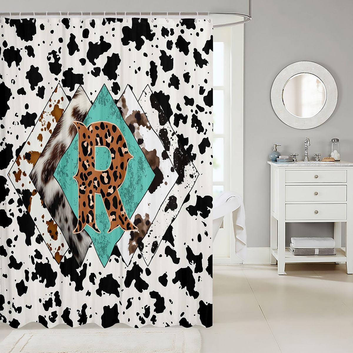 Rideau de douche lettre R taille L léopard monogramme alphabet imprimé cuir de vache rideau de bain pour adultes style rustique rustique rideaux de bain imperméables avec 12 crochets pour baignoire