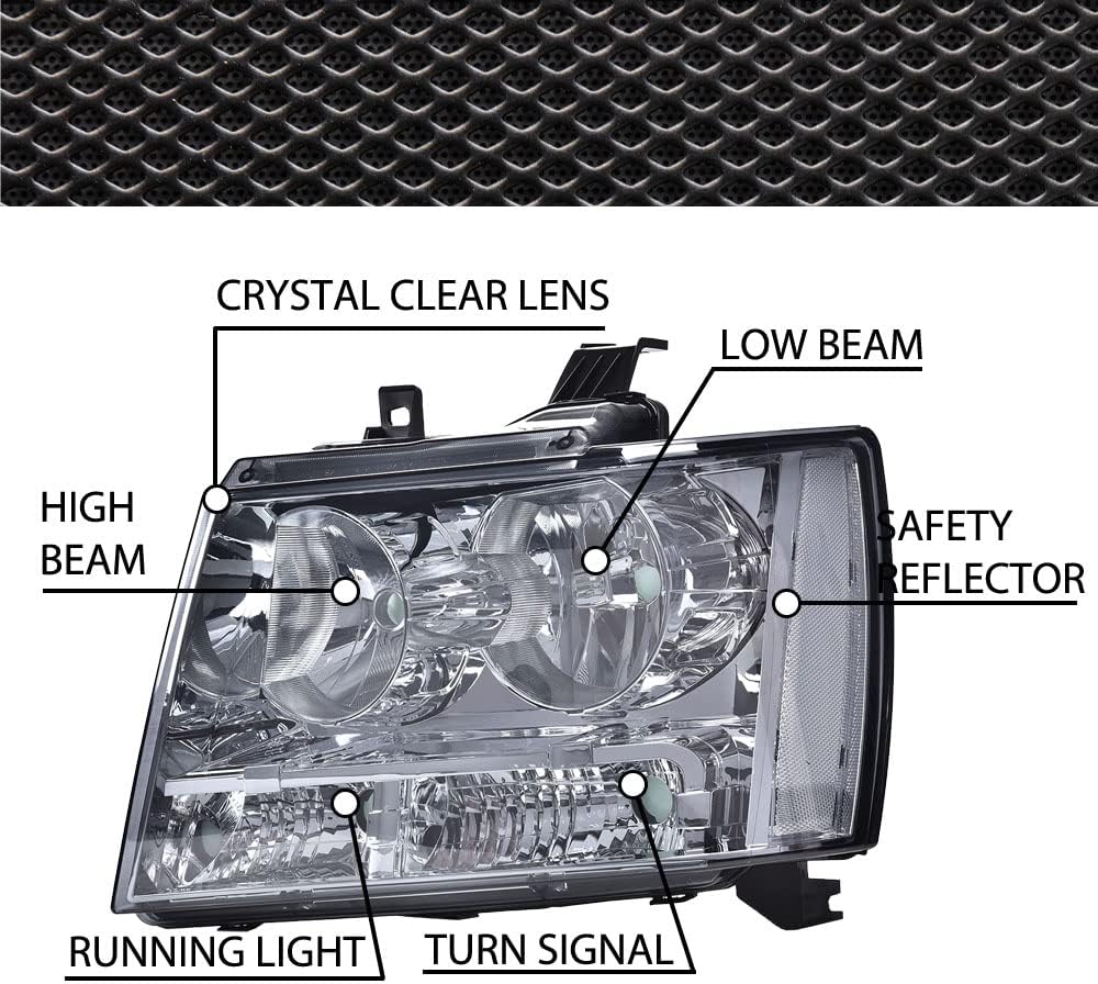 PIT66 Front Headlights Assembly Headlamps Left & Right side Compatible with Chevy Suburban Tahoe 2007-2014 Fit Chevy Avalanche 2007-2013 Smoke lens Chrome Housing Clear Reflector