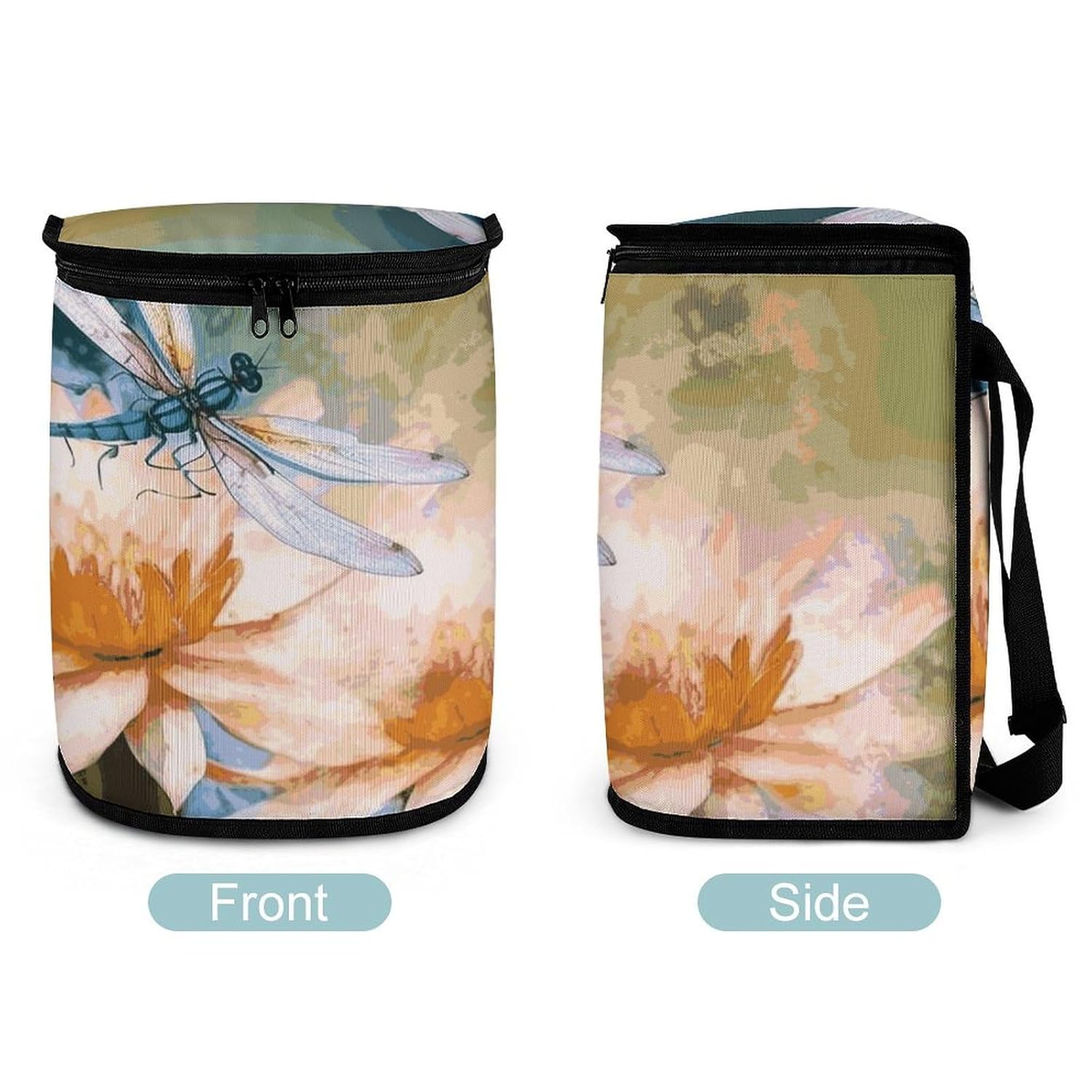 Hanging Car Trash Bag Flying Dragonflies Lily Flower Printed Car Garbage Storage Bag Leakproof Car Trash Can Portable Garbage Storage Bags