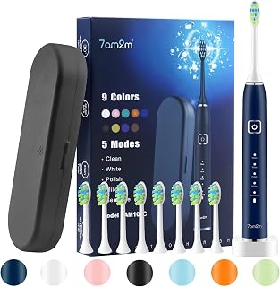 7AM2M Sonic Electric Toothbrush for Adults and Kids, with 8 Brush Heads &Travel Case, IPX7 Waterproof, One Charge for 90 Days,5 Modes with 2 Minutes Build in Smart Timer, IPX7 Waterproof (Navy Blue)