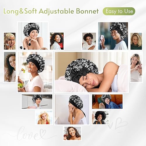 Vista 13 de BONNET QUEEN Silk Bonnet for Sleeping Women Satin Bonnet Hair Bonnet Night Sleep Cap for Curly Hair with Tie Band