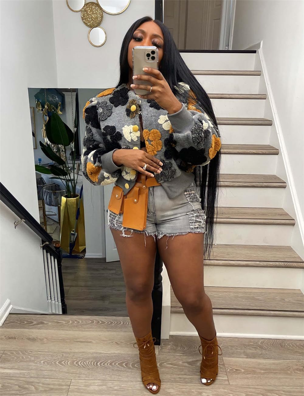 Women's 3D Flower Cropped Bomber Jacket Button Down Varsity Jackets - Image 2