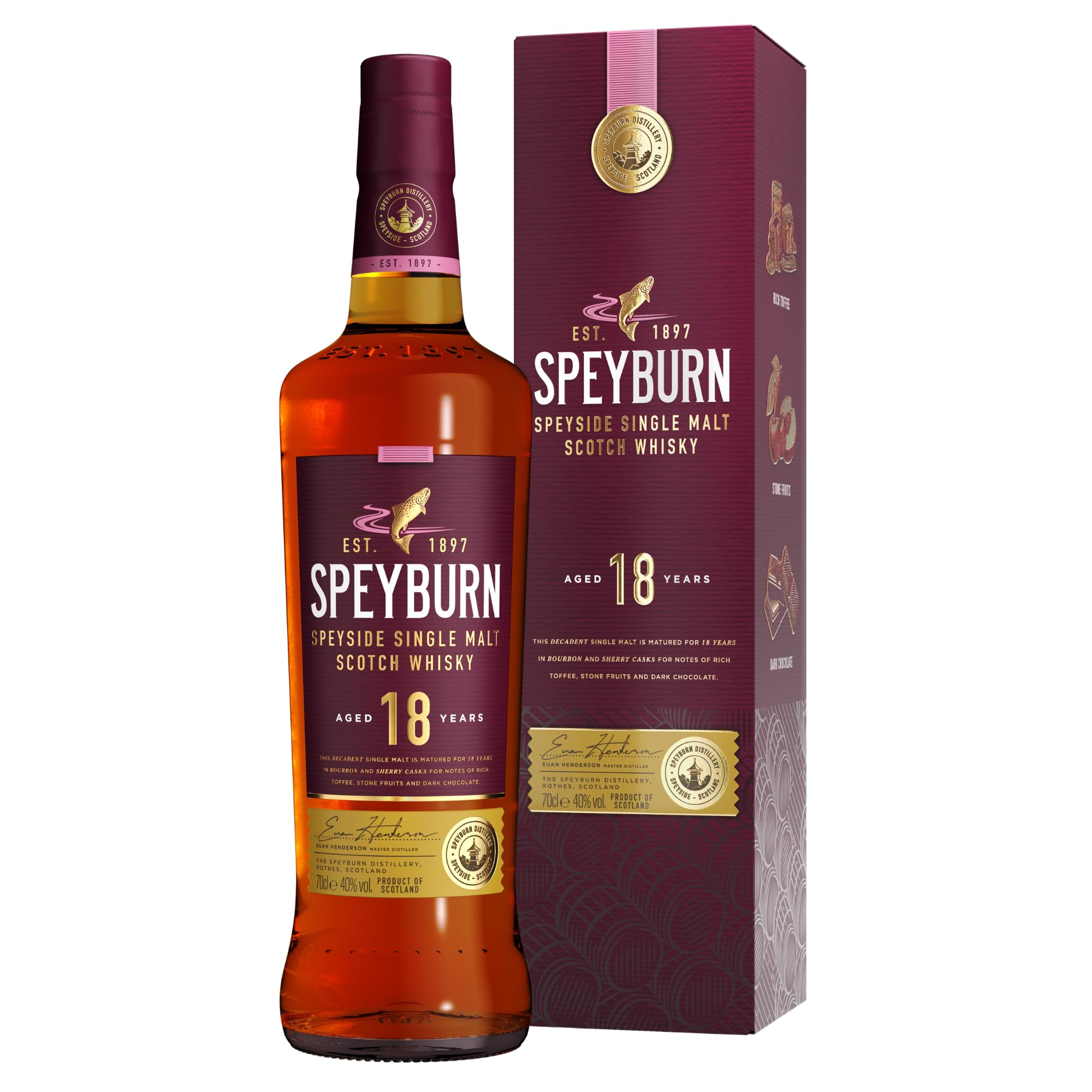 Speyburn 18 Year Old Single Malt Scotch Whisky, 40% ABV, , Speyside Aged in Hand Selected Ex-Bourbon and Ex-Sherry Casks, Dark Chocolate, Toffee & Fruit Notes (70cl)