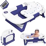 Baby Bath, Foldable Baby Bath, Baby Bath with Digital Thermometer, Bath Cushion, Foldable Baby Bath, Compact Portable with Storage Tray (BLUE) - 1