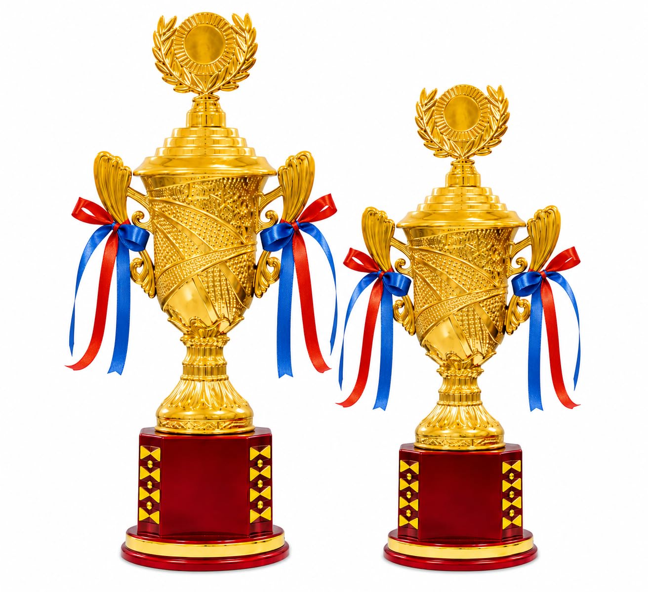 Premium Golden Sports Trophy Set (10 & 9 Inch) with Satin Ribbon | Winner Award Trophy for Cricket, Football, School, College & Corporate Events | Laurel Wreath Topper, Red & Blue Ribbons, Ornate Detailing, Award Ceremony, Two Size Variants-image-30