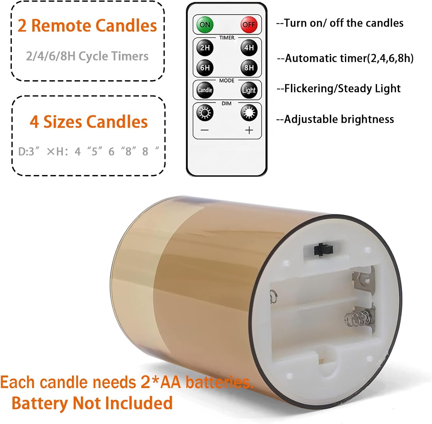 Fo32won Amber LED Flameless Pillar Candles Battery Operated with Remote and Timer, Set of 5 (D 3"×H 4" 5" 6" 8" 8") Decorative Acrylic Flickering Candles with 3D Flame - Image 9