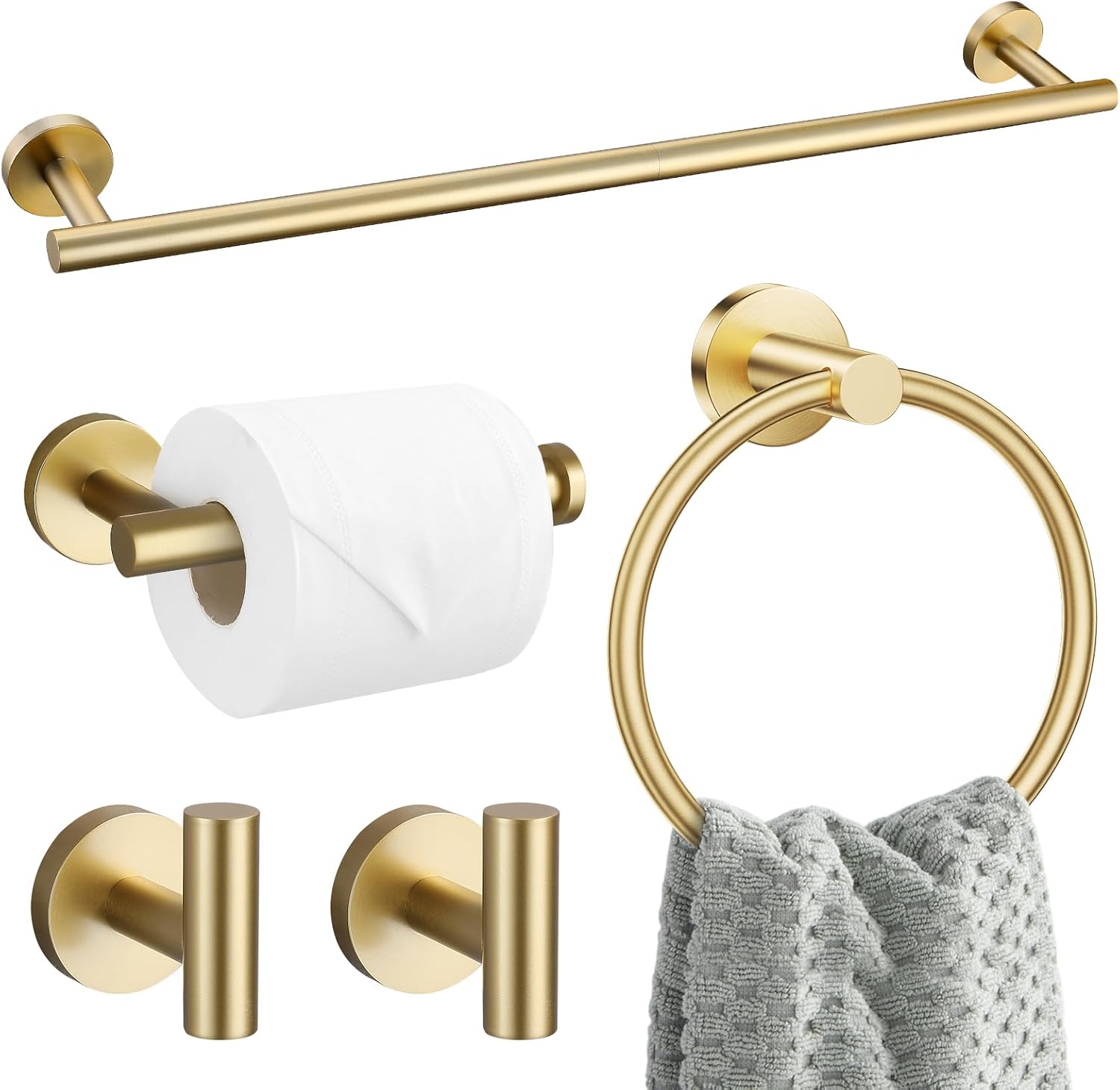 5 Pieces Brushed Gold Bathroom Hardware Accessories Set SUS304 Stainless Steel Gold Towel Bar Holder Set, 23.6Inch Towel Racks for Bathroom, Robe Towel Hooks, Toilet Paper Holder Wall Mounted