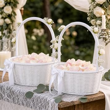 Remerry 2 Pieces Wedding Flower Girl Baskets White Woven Petal Baskets with Handle 9x7x5 Inch Small Rattan Wicker Braided Gift for Wedding Baby Shower Picnic Farmhouse Decor