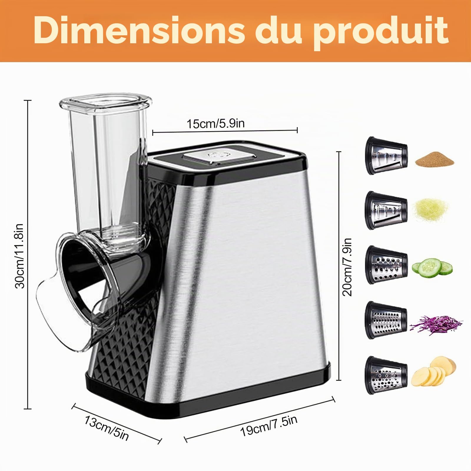 Coupe-légumes électrique 5-en-1, Râpe à légumes électrique 500W avec 5 lames en inox pour fromage, légumes, fruits – Robot râpe et trancheur multifonction