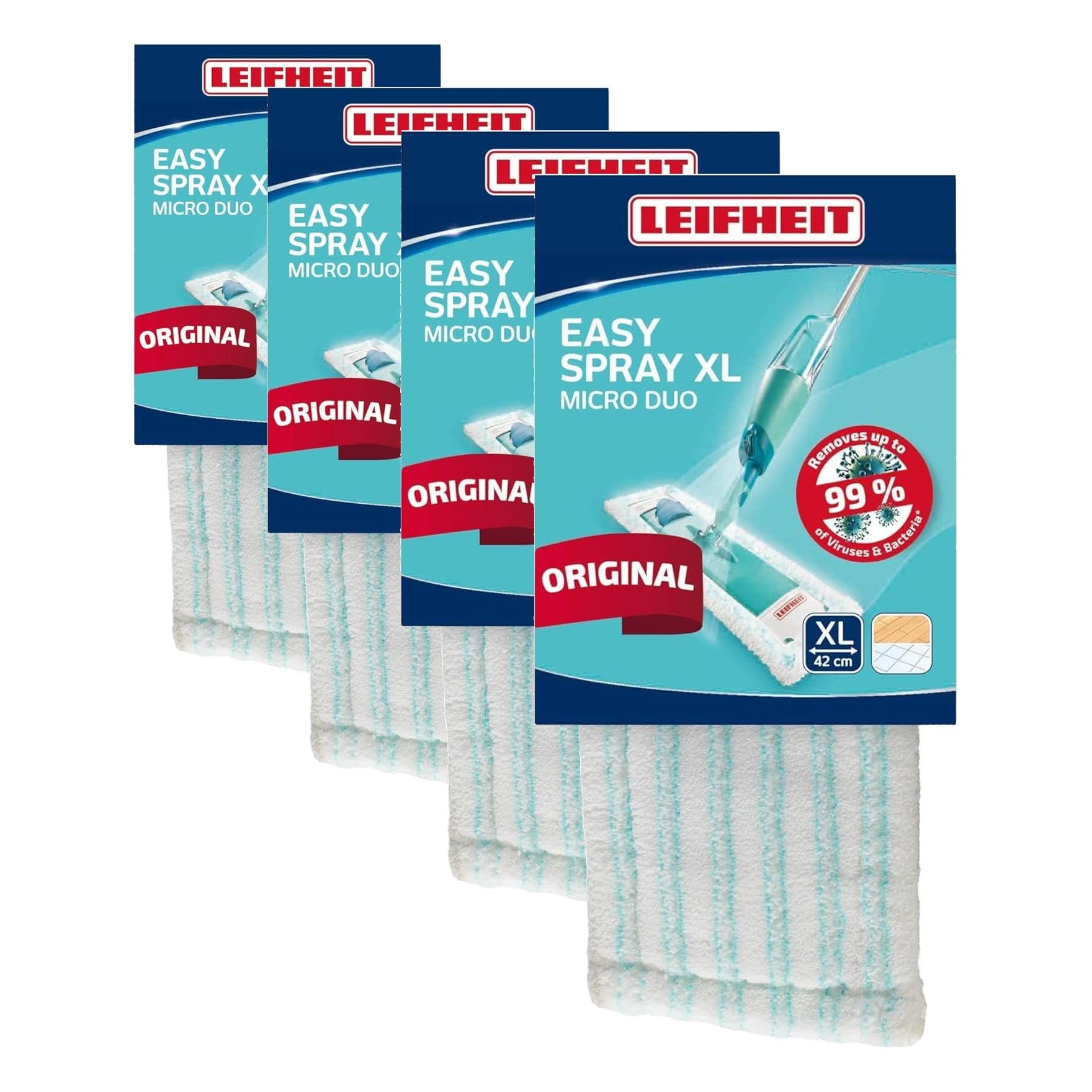 Leifheit Funda de Recambio para mopa Easy Spray XL Micro dúo, Funda de Microfibra Lavable para mopa superabsorbente, Funda de mopa fregona para Todo Tipo de Suelos Lisos. (Paquete de 4)