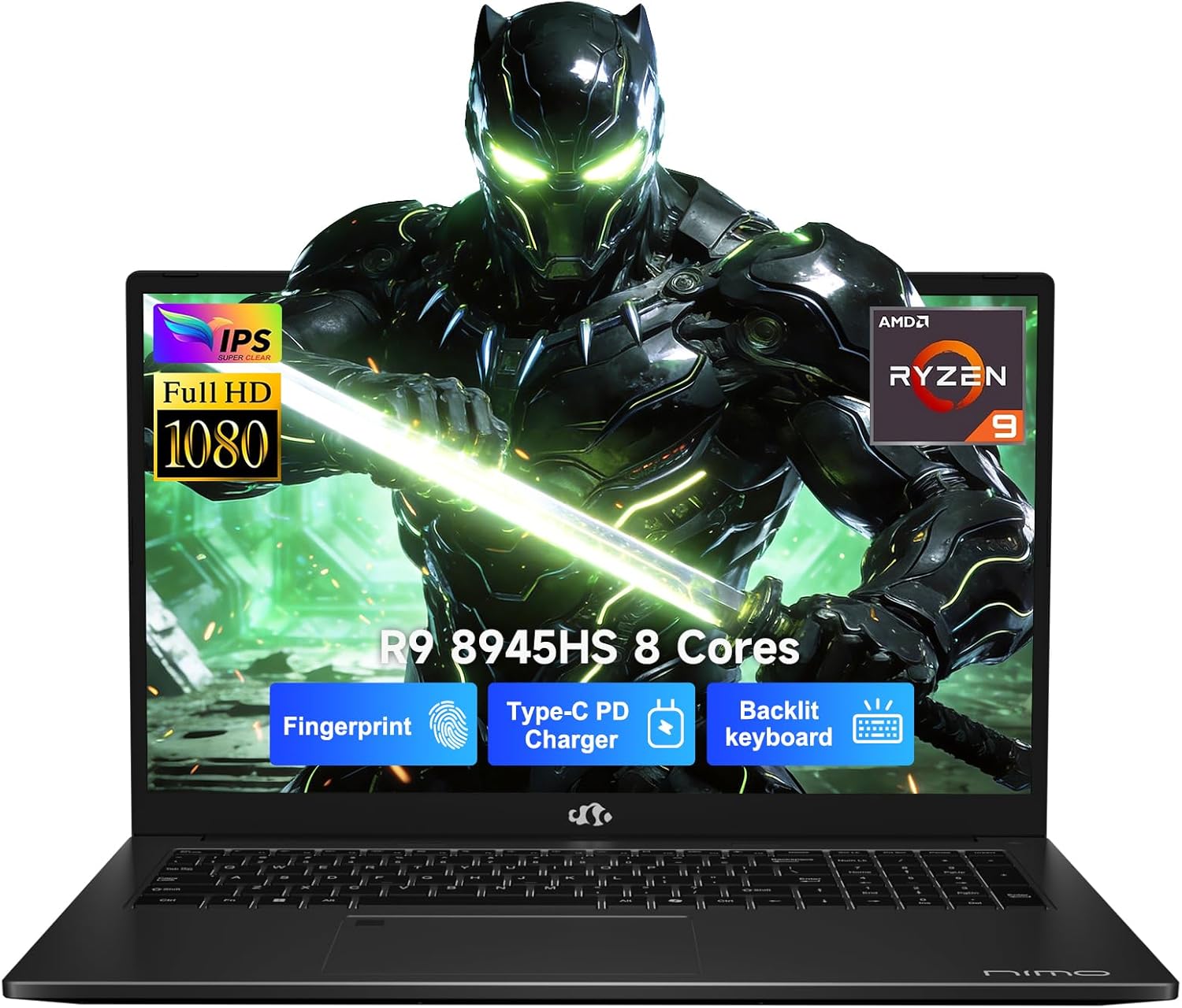 NIMO 17.3 Gaming-Laptop Ryzen 9 8945HS (Beat i9-13900H, Up to 5.2GHz) 32GB RAM, 1TB SSD, Radeon 780M, PD 100W Type-C AI-Enhanced for Copilot VR Ready, Backlit Keyboard, Fingerprint
