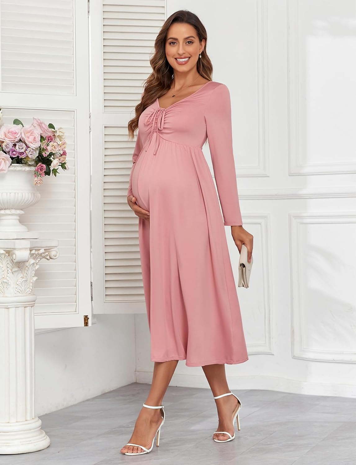 Maternity Tie Front Dress A Line Long Sleeve V Neck Flowy Pregnancy Maxi Dresses for Baby Shower Casual 2025 Fall - Image 5