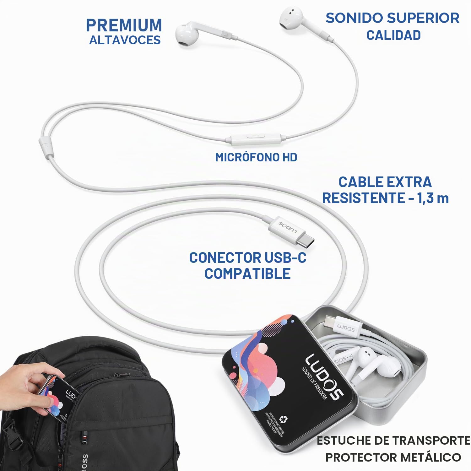 Ludos FEROX Auriculares USB C con Micrófono para iPhone 17 16 15 Pro MAX Plus Air iPad Pro Air, Garantía de 5 años, Auriculares Tipo C con Cable Samsung Galaxy S24 S23 S22 Ultra S21 FE S20 A53 A54