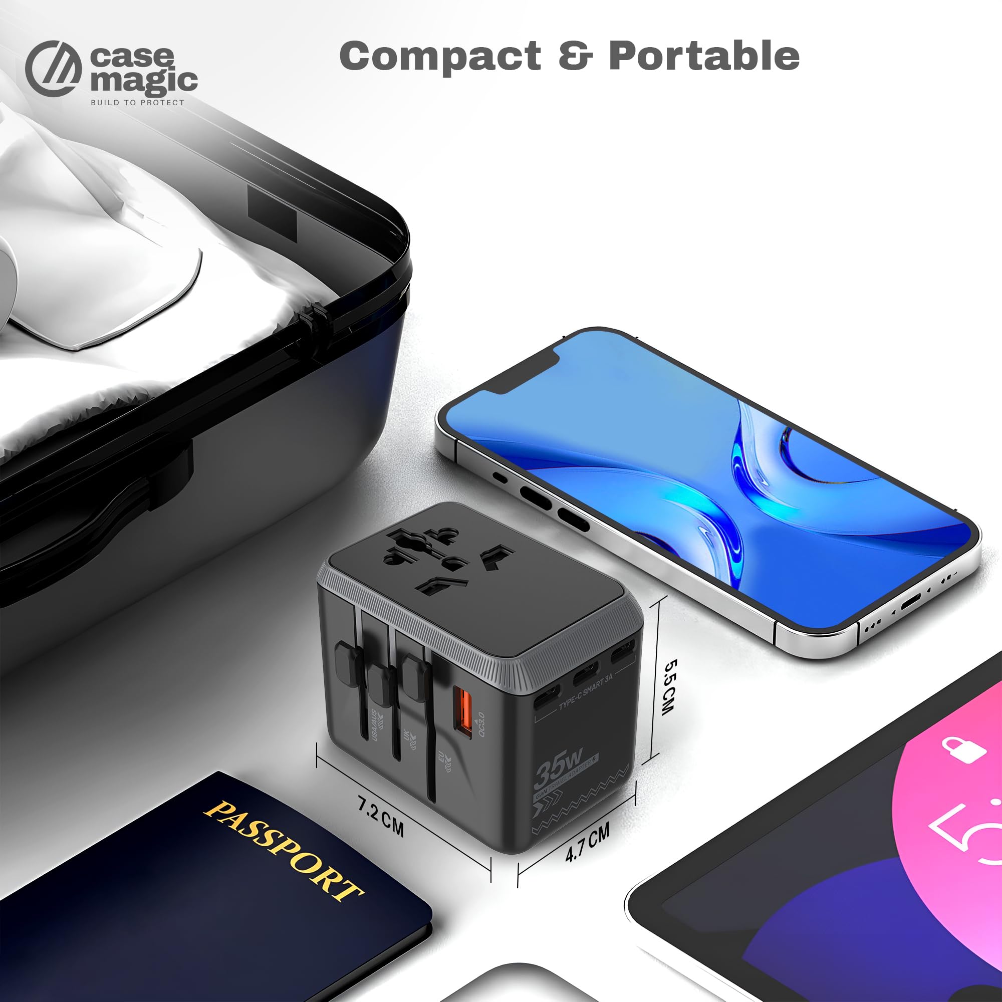 Case-Magic Universal Travel Adapter International, All in One 35W GaN Fast Charger, 4 USB-C and QC3.0 USB-A Ports for 5 Devices | Worldwide Plug for USA UK EU AUS, 200 Plus Countries with Spare Fuse — Amazon image 8