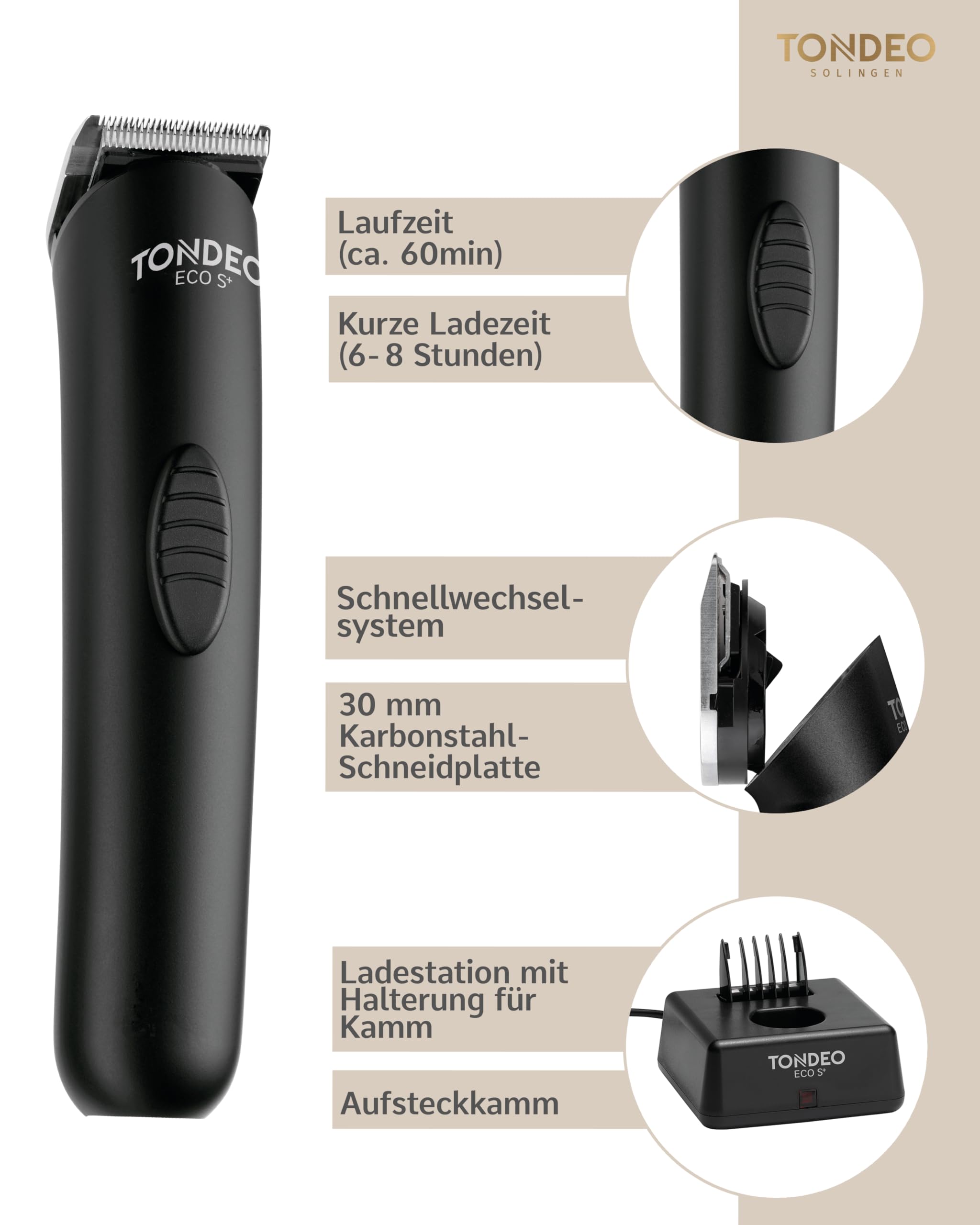 TONDEO Haarschneidemaschine ECO S PLUS schwarz Profi Trimmer mit Ladestation und Aufsteckkamm 3-7,5 mm