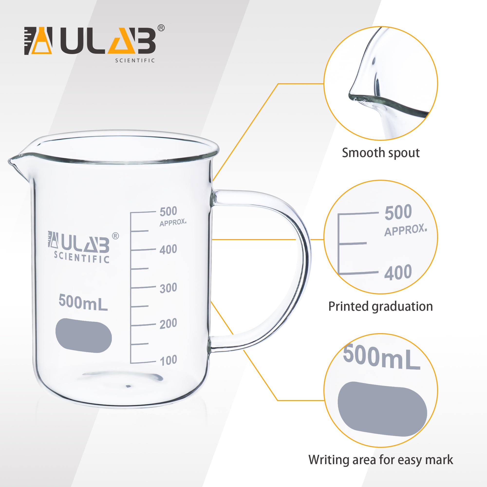 ULAB UBG1071 Lot de 4 béchers en verre borosilicate 3.3 avec poignée, vol. 500 ml, forme basse avec graduation imprimée, lot de 4