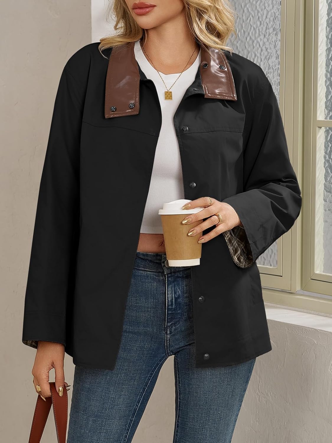 Tankaneo Womens Trench Coat Oversized Fall Barn Jacket Leather Collar Plaid Color Block Windproof Overcoat - Image 3