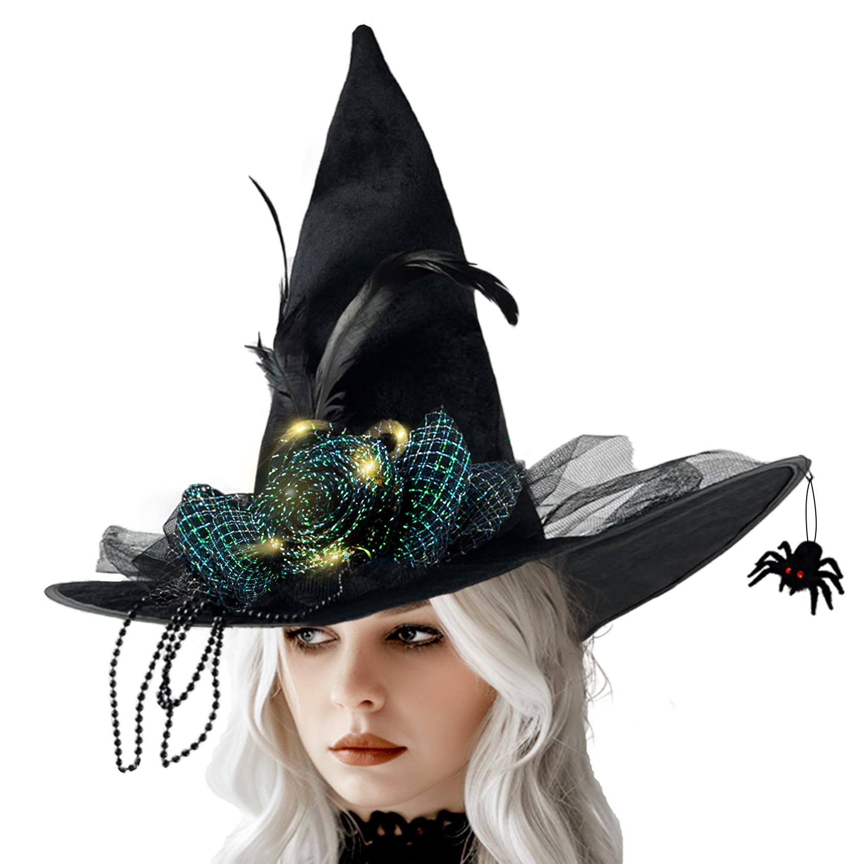 LMJFOR Halloween Black Witch Hat with Spider, Light up Velvet Witch Hat Cosplay Costume Accessories for Women Halloween Party