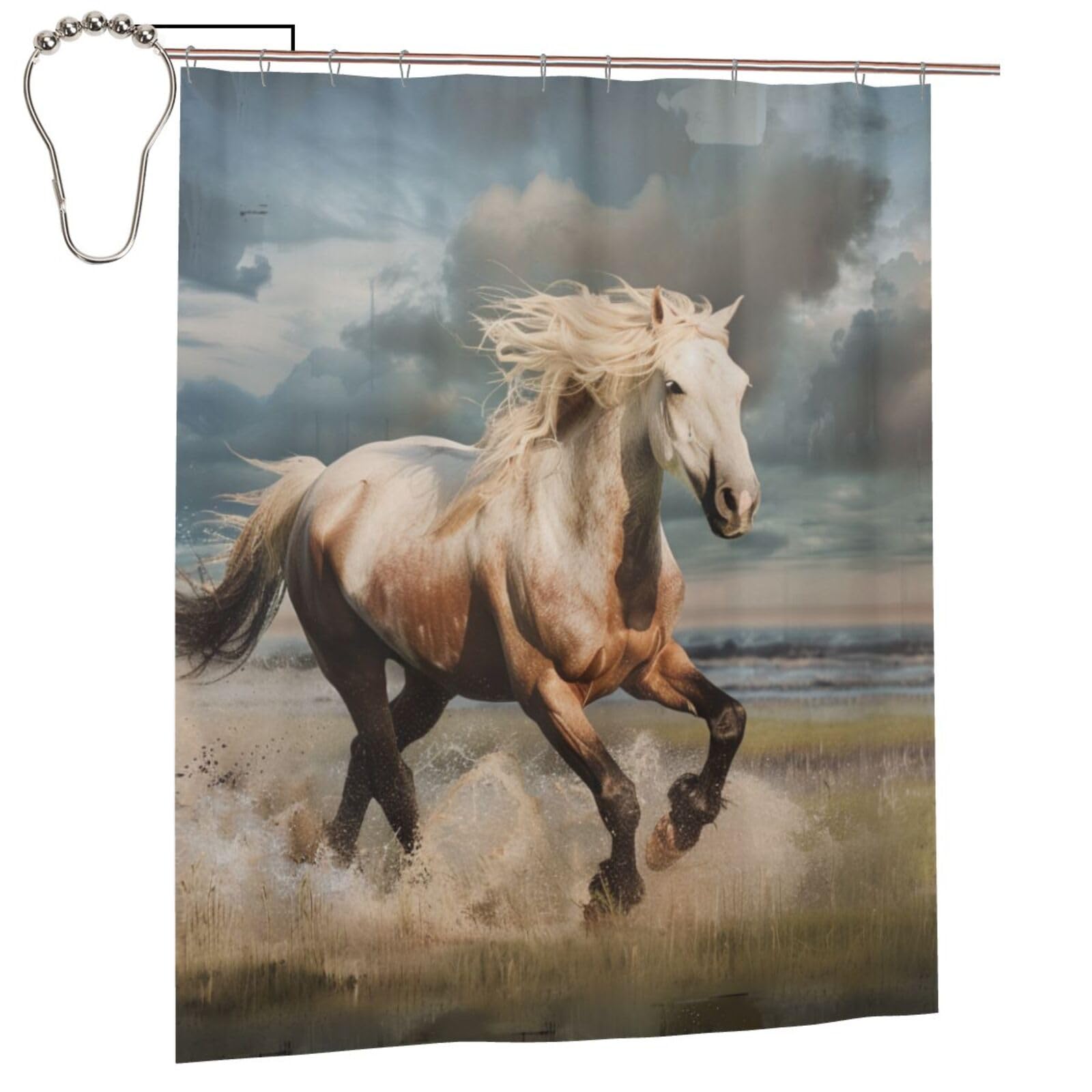BWWHCCTI Horses Printed Shower Curtain With 12 Iron Hooks Opaque Quick Drying Waterproof Shower Curtains Sets For Bathroom 152x183 Cm