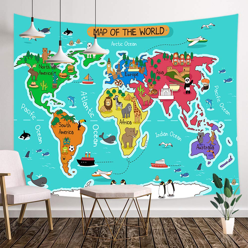 Buy Cartoon World Map Tapestry Wanderlust, Cartoon Animal Mountains