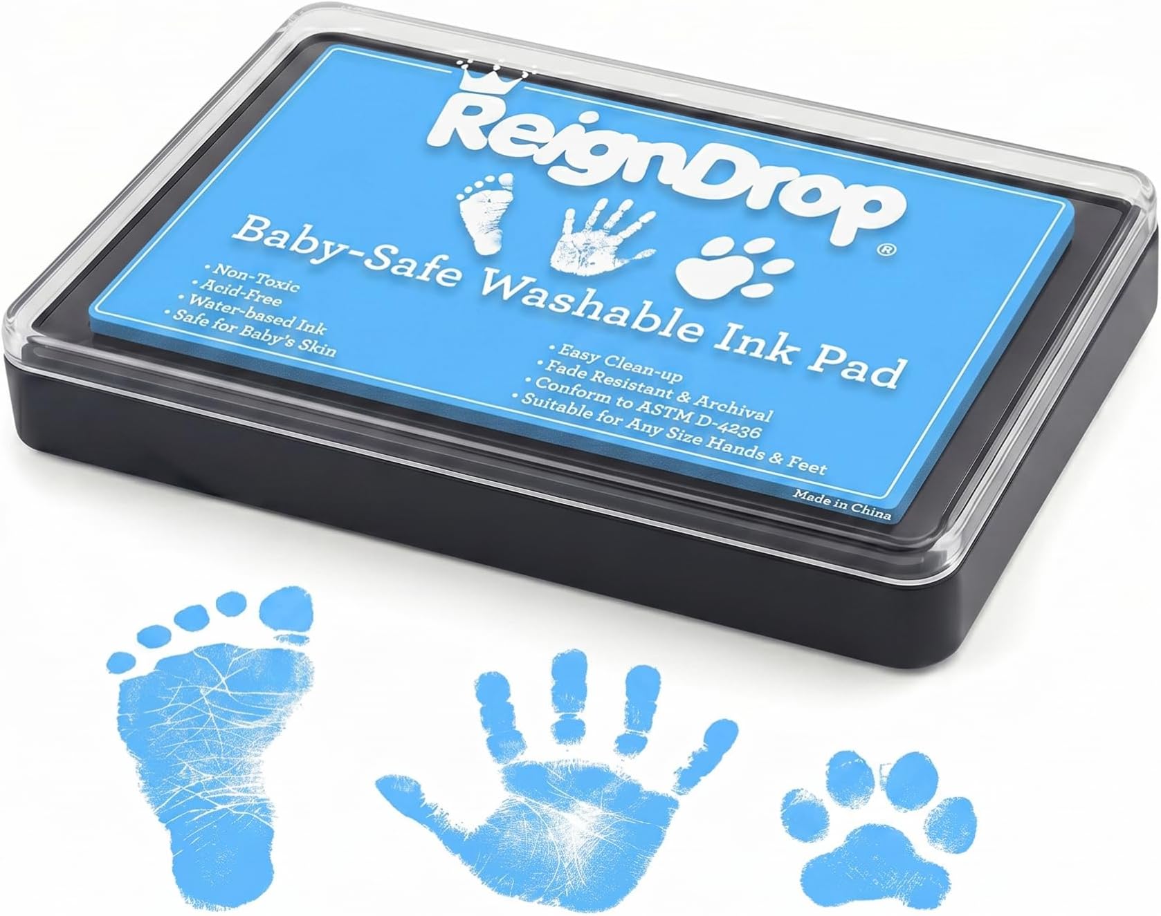ReignDrop Baby Ink Pad for Hand and Footprints, Non-Toxic Acid-Free Keepsake Kit, Smudge-Proof Archival Ink Wipes Off Skin, for Scrapbook, Photo Album, Frames & Pet Paws, Baby Gift (Sky Blue)