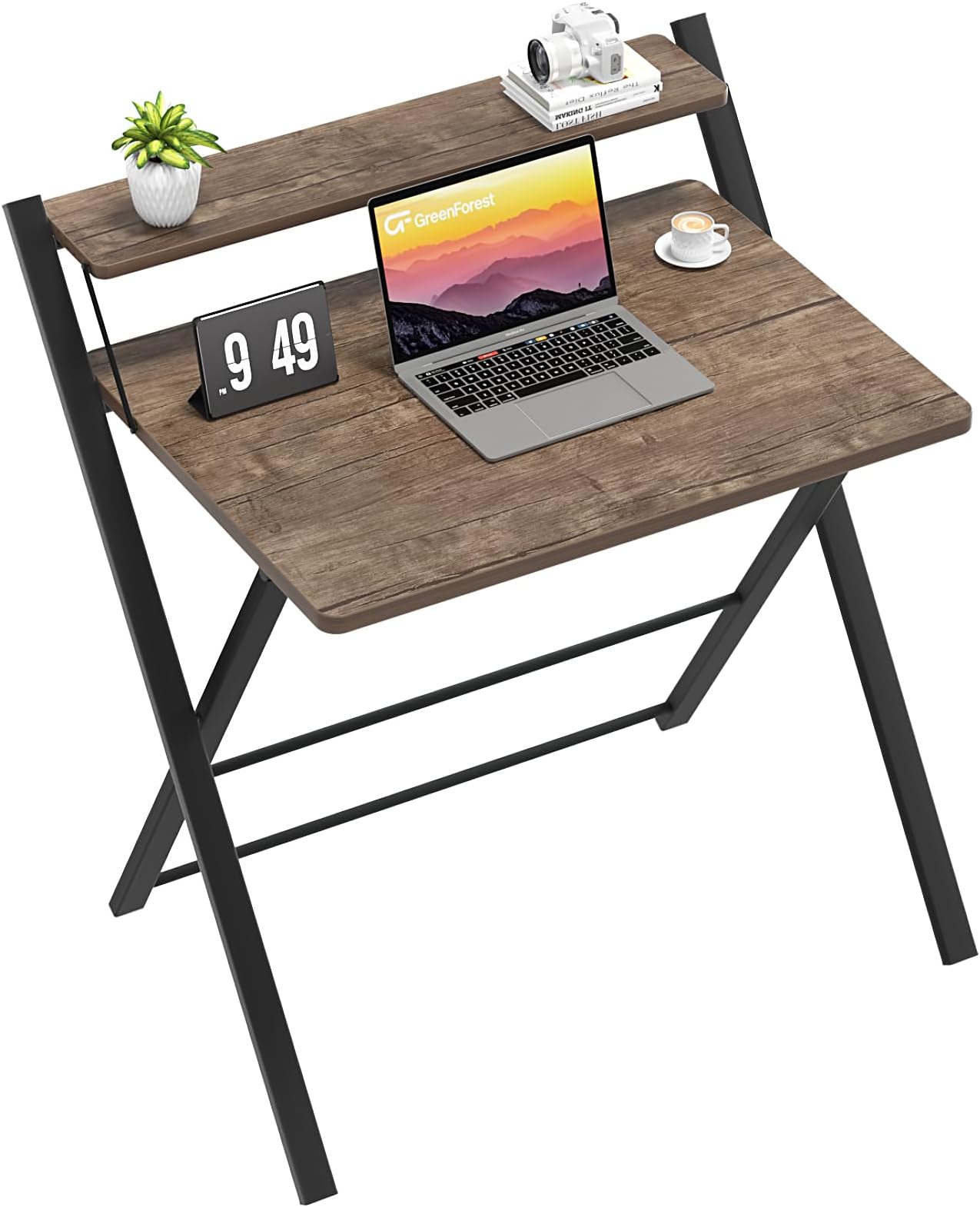 GreenForest Folding Desk with Monitor Shelf,Medium Size Computer Desk No-Assembly,Small Desk for Small Space,BrownThe Forest Stewardship Council