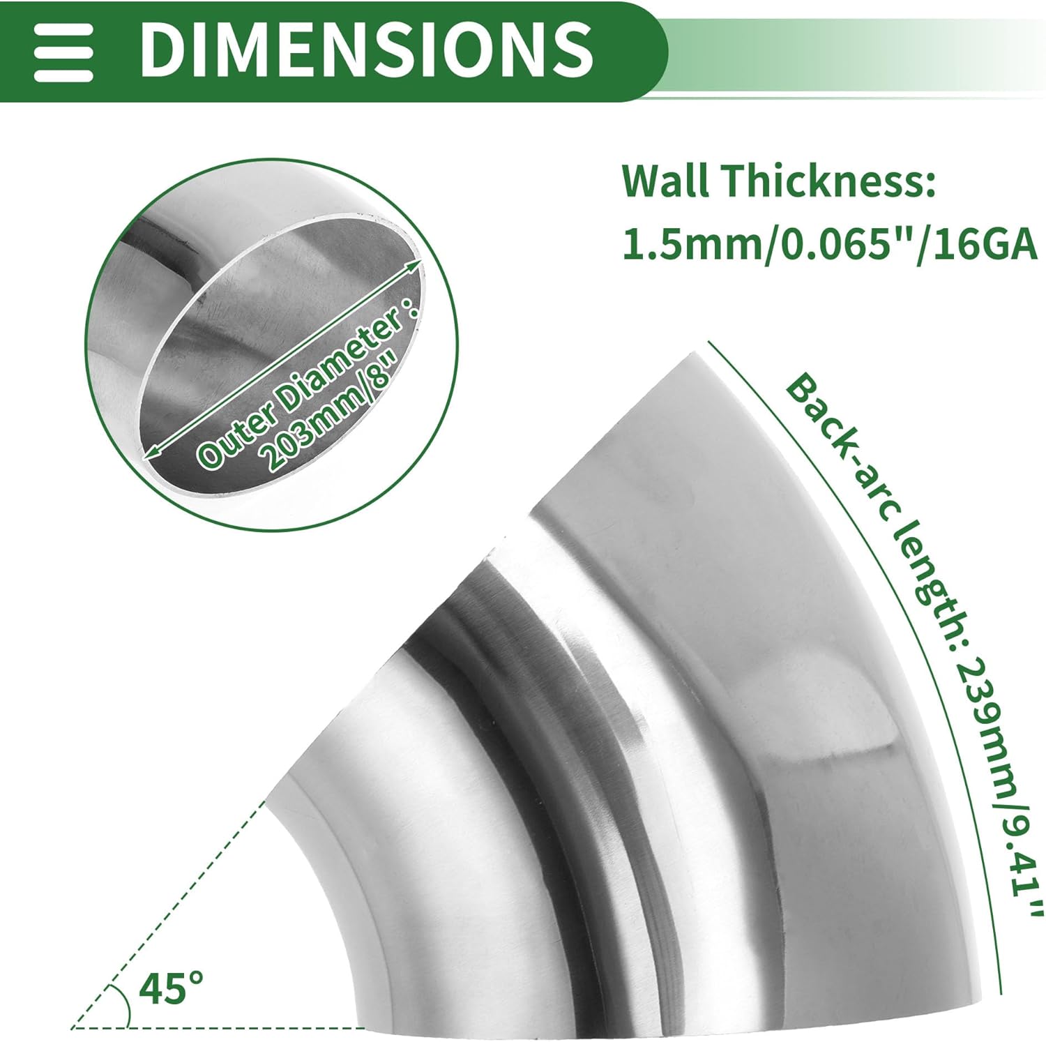 Motoforti 4pcs 8" Inch OD 45 Degree Mandrel Bend Elbow Tube Car Modified Exhaust Pipe Tubing Piping Thickness 1.5mm/16GA 203x239x1.5mm 201 Stainless Steel Silver Tone