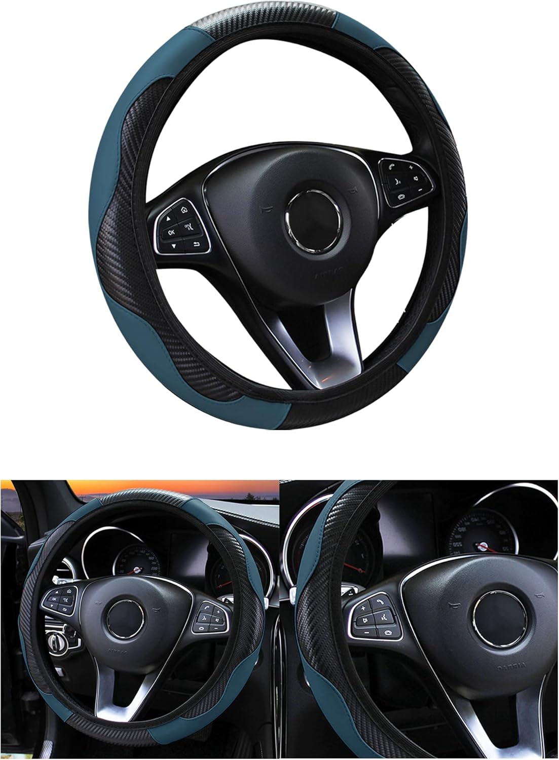 Car Steering Wheel Cover, 15 inch Carbon Fiber Microfiber PU Leather Elastic Steering Wheel Protector for Men Women, Anti-Slip Breathable Car Interior Accessories for Most Cars (Dark Green)