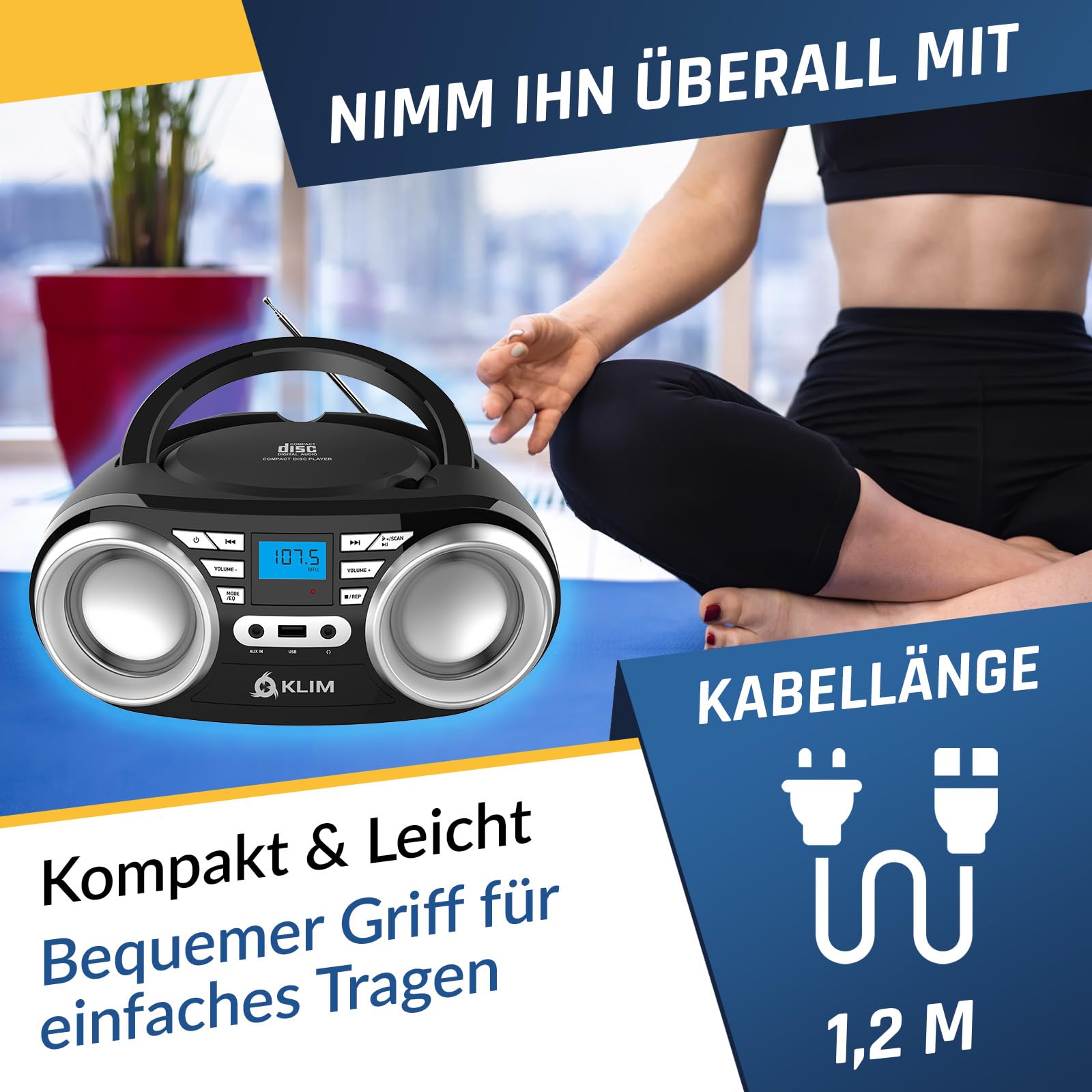 KLIM B3 Tragbarer CD Player Bluetooth Boombox mit FM-Radio, Bluetooth, USB und AUX - Hochwertige Dual-Lautsprecher, EQ-Soundeffekte, 20 Voreingestellte Sender, Kompakt und Leicht | CD Player Tragbar