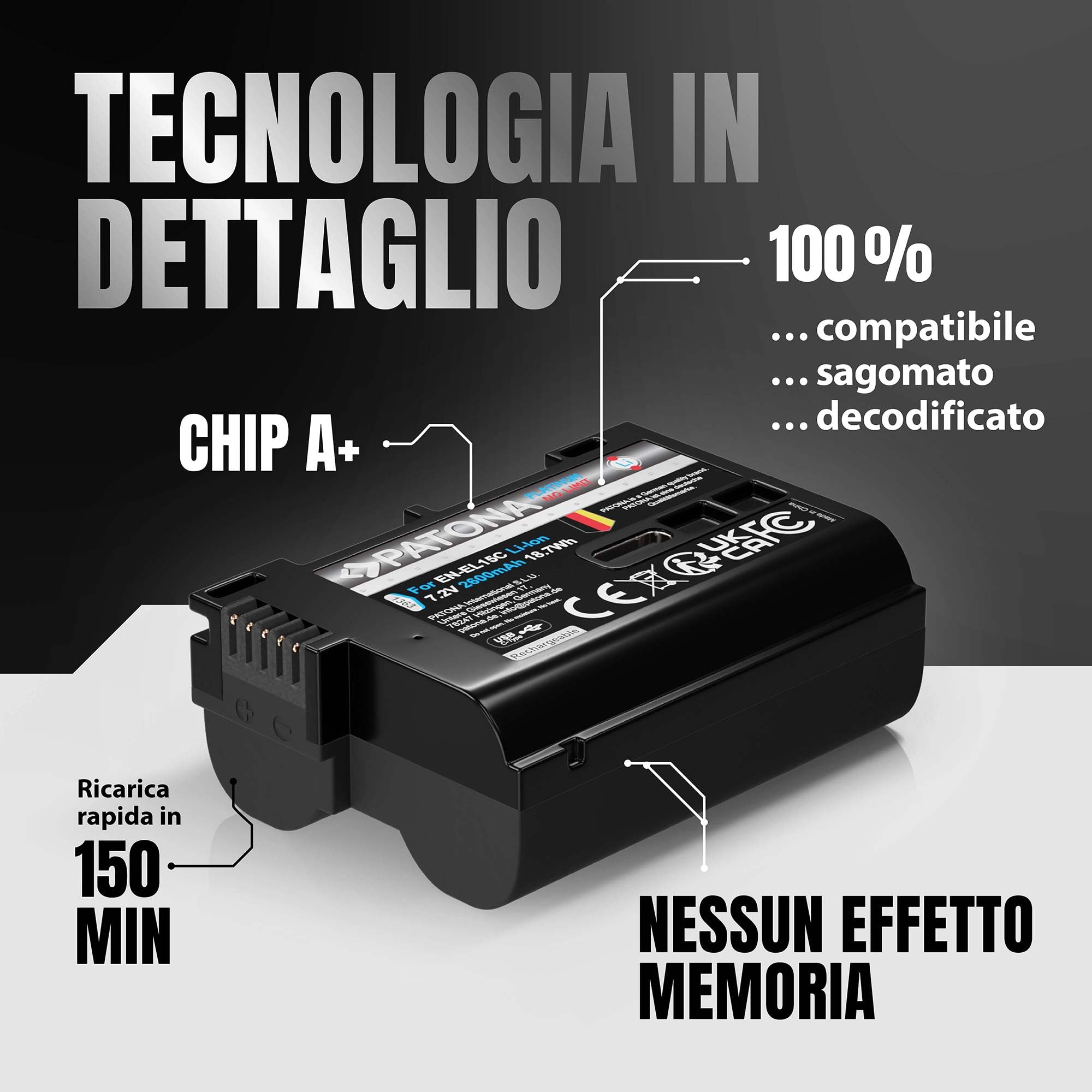 PATONA Platinum Batteria EN-EL15C 2600mAh con USB-C – ricambio per Nikon EN-EL15 EL15b EL15c – compatibile con Z5 Z6 II/III Z7 II Z8 Zf D7500 D850 D780 – ricarica diretta nella batteria