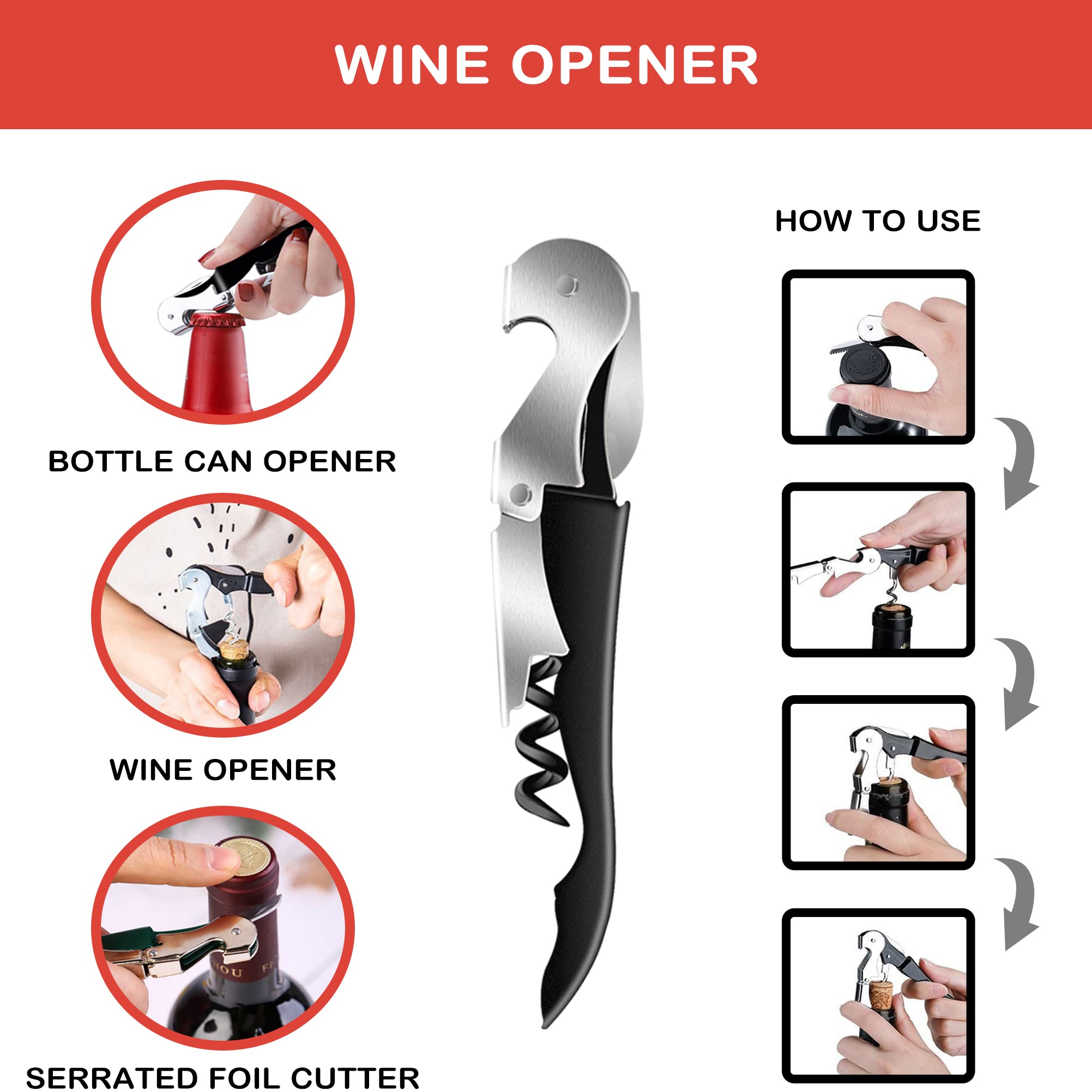 Abridor de tarros para manos débiles, personas mayores con artritis, abridor de botellas multifunción 5 en 1, abridor de tapas para manos artríticas con sacacorchos y abridor de vino (rojo)