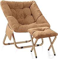 Vista 12 de Silla de Platillo Cómoda, Sillas Plegables para Sala de Estar, Silla de Lona de Pelo Sintético Suave para Dormitorio, Sillas de Lectura