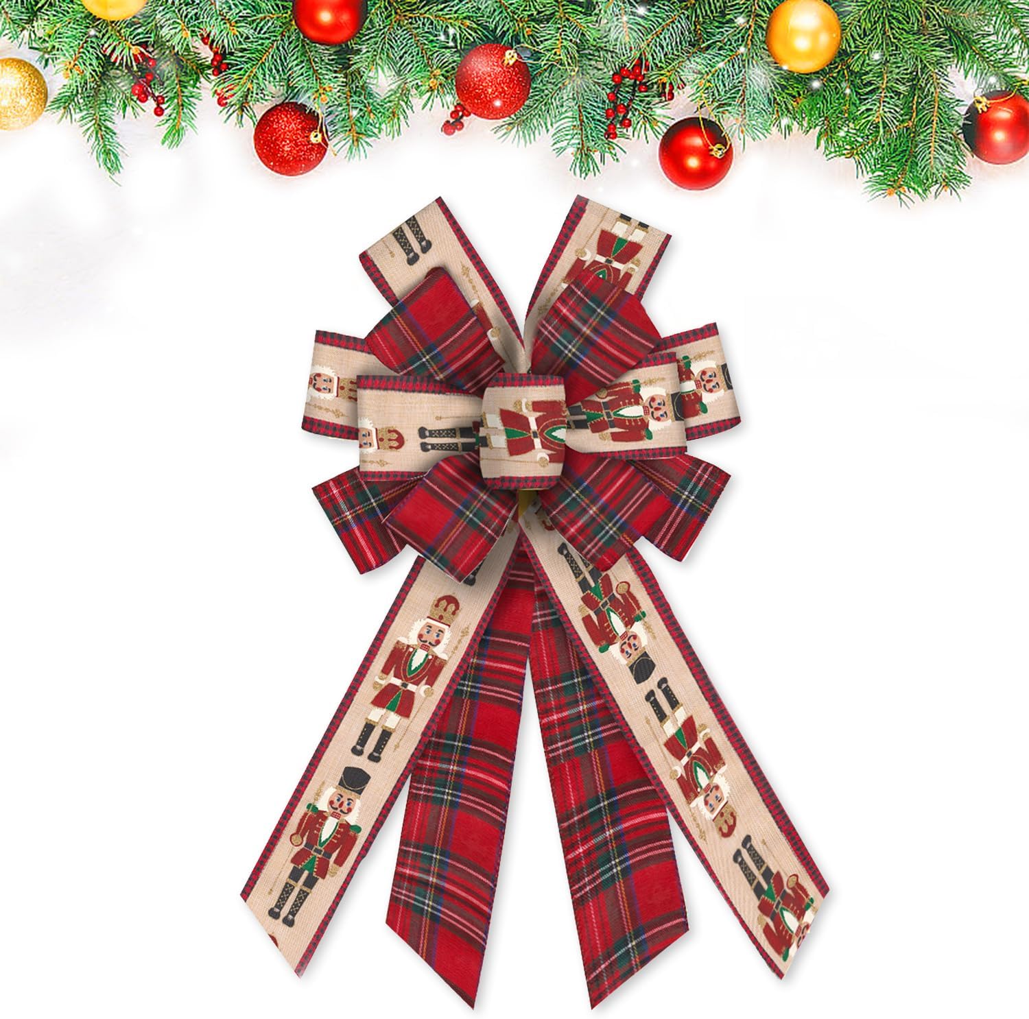Hying Large Christmas Bows for Wreath, Christmas Wreath Bow Red Buffalo Plaid Burlap Bows Xmas Character Tree Topper Bows Ornaments for Front Door New Year Christmas Party Decoration Supplies